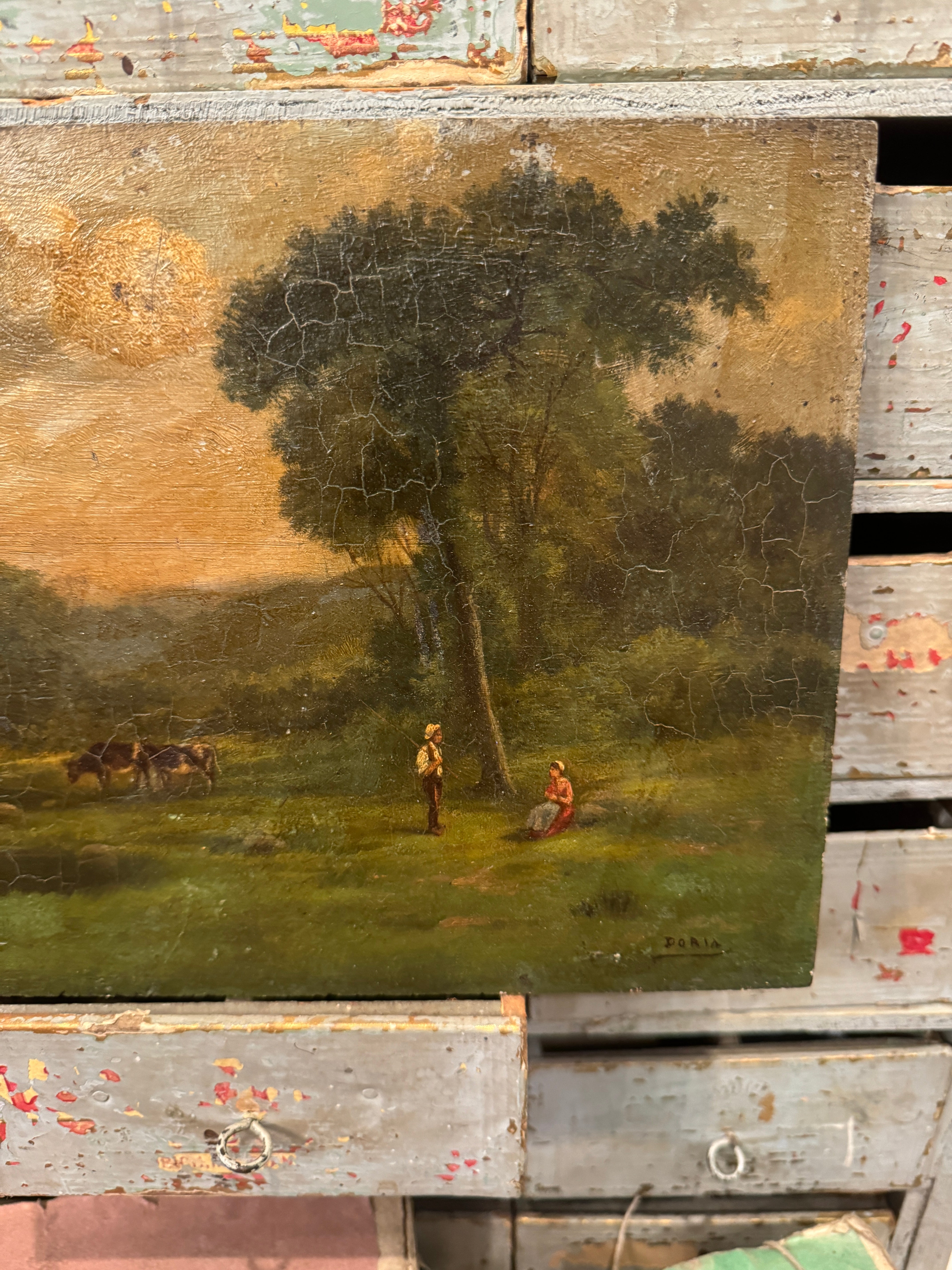 Beautiful Antique French Landscape and Lake Painting - Barbizon School