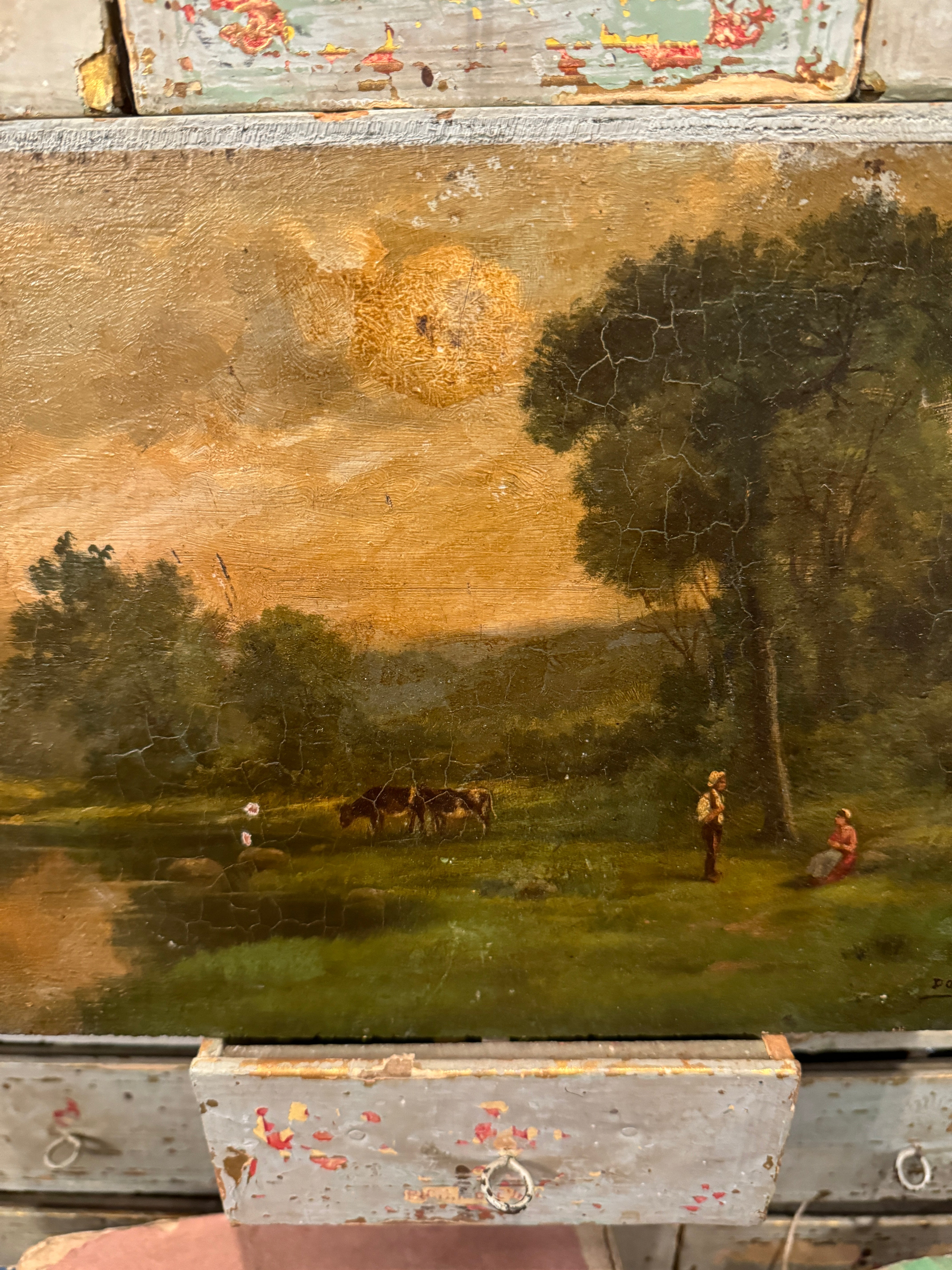 Beautiful Antique French Landscape and Lake Painting - Barbizon School