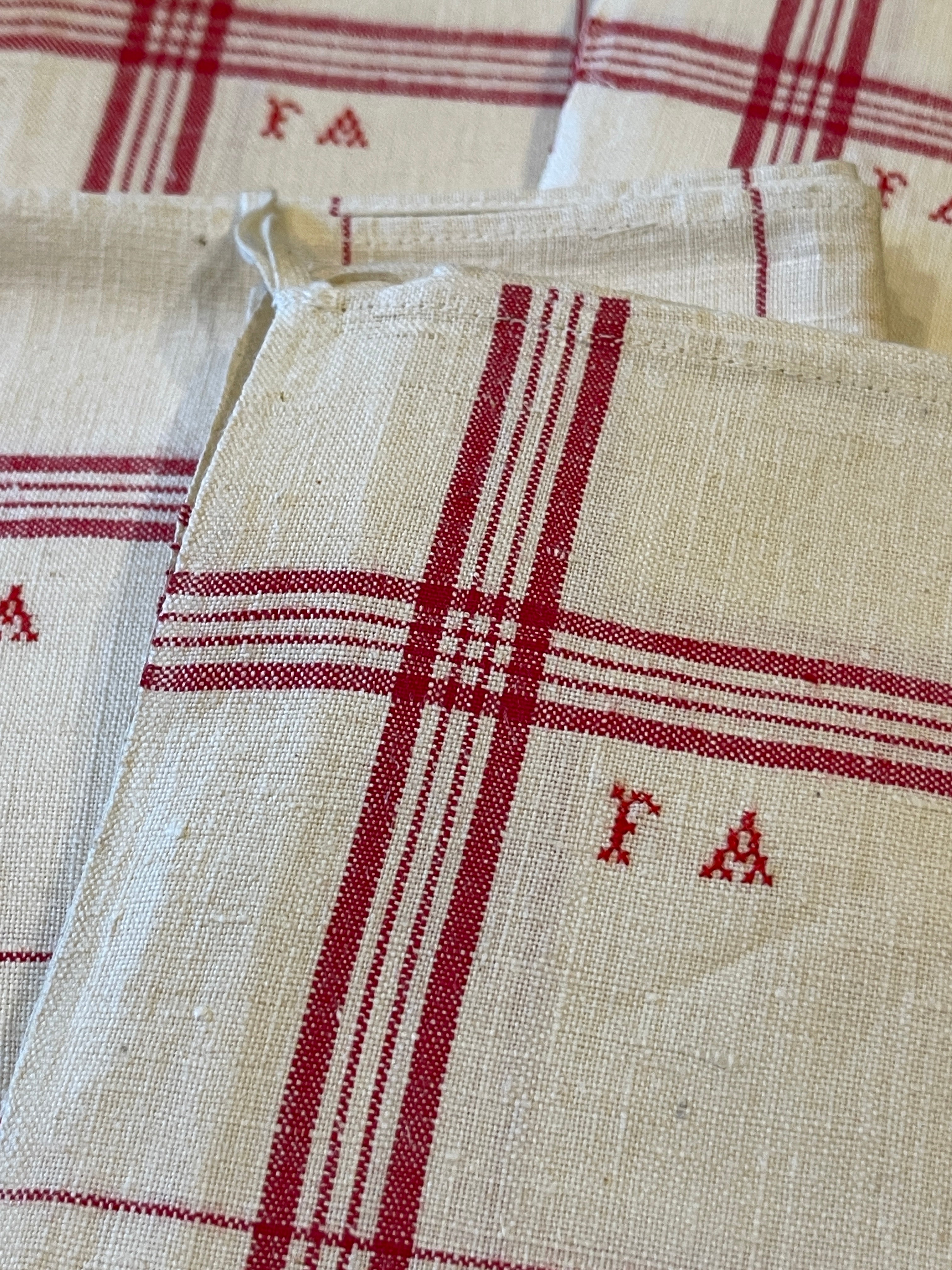 Antique Linen/Hemp Red Striped and Checked Torchon from the Farm Stitched FA