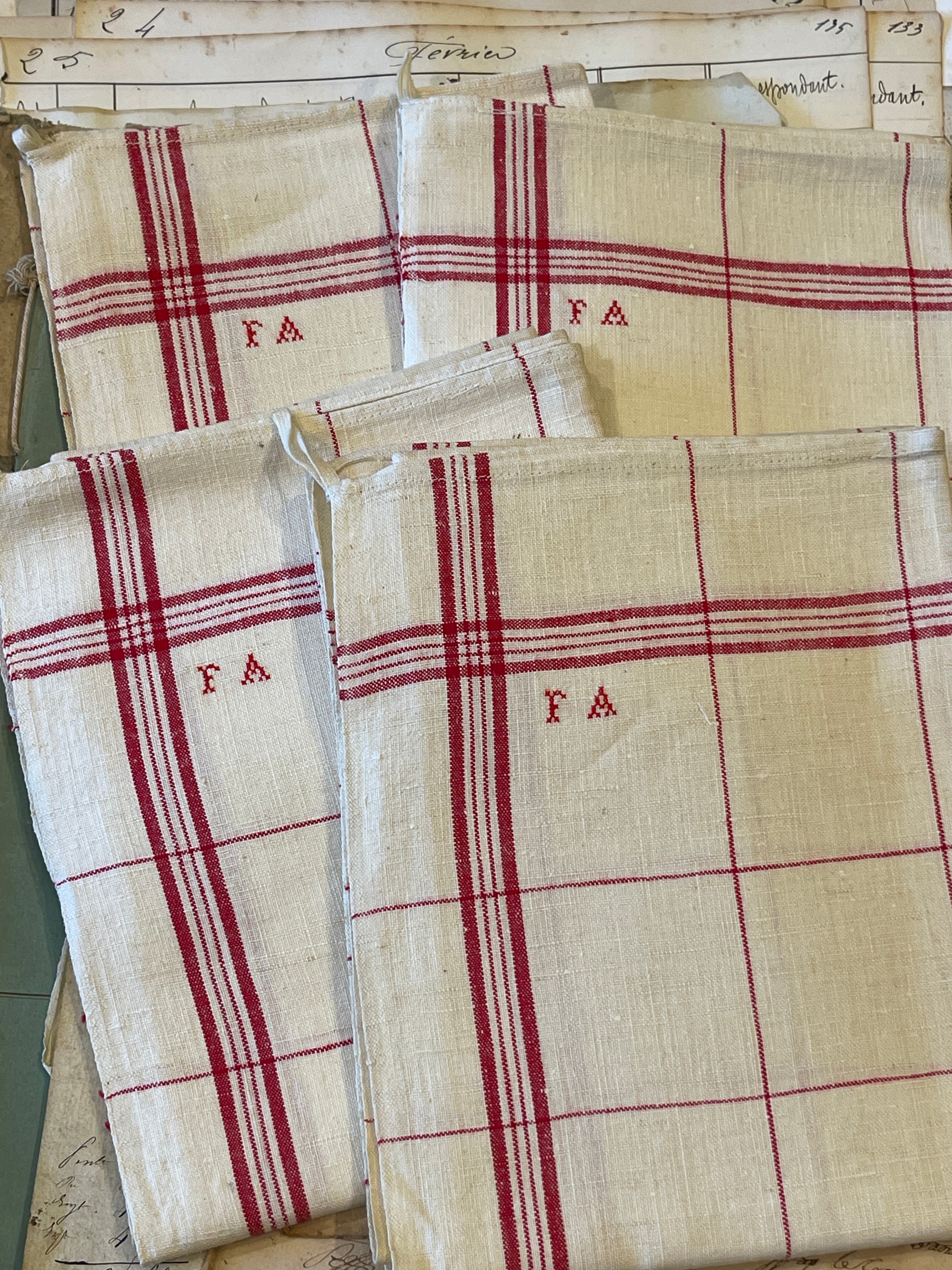 Antique Linen/Hemp Red Striped and Checked Torchon from the Farm Stitched FA