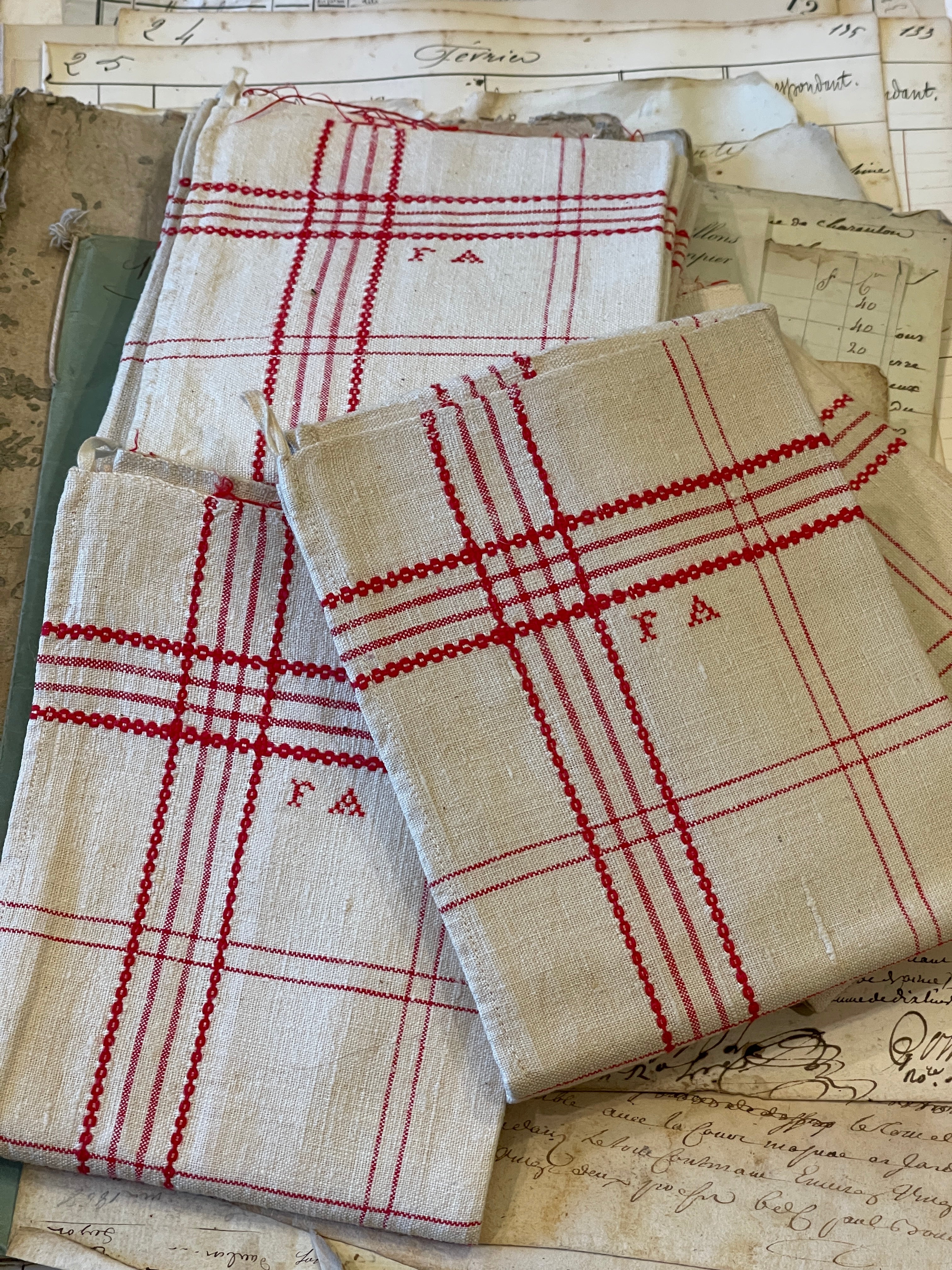 Antique Linen/Hemp Red Double Striped and Checked Torchon  - FA