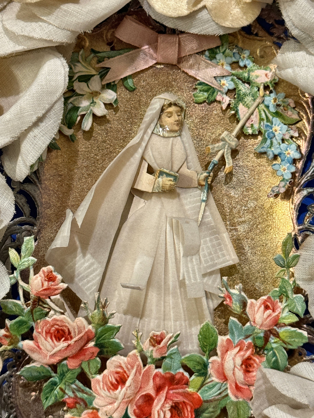 Antique French Boxed Framed First Communion Art with Flowers
