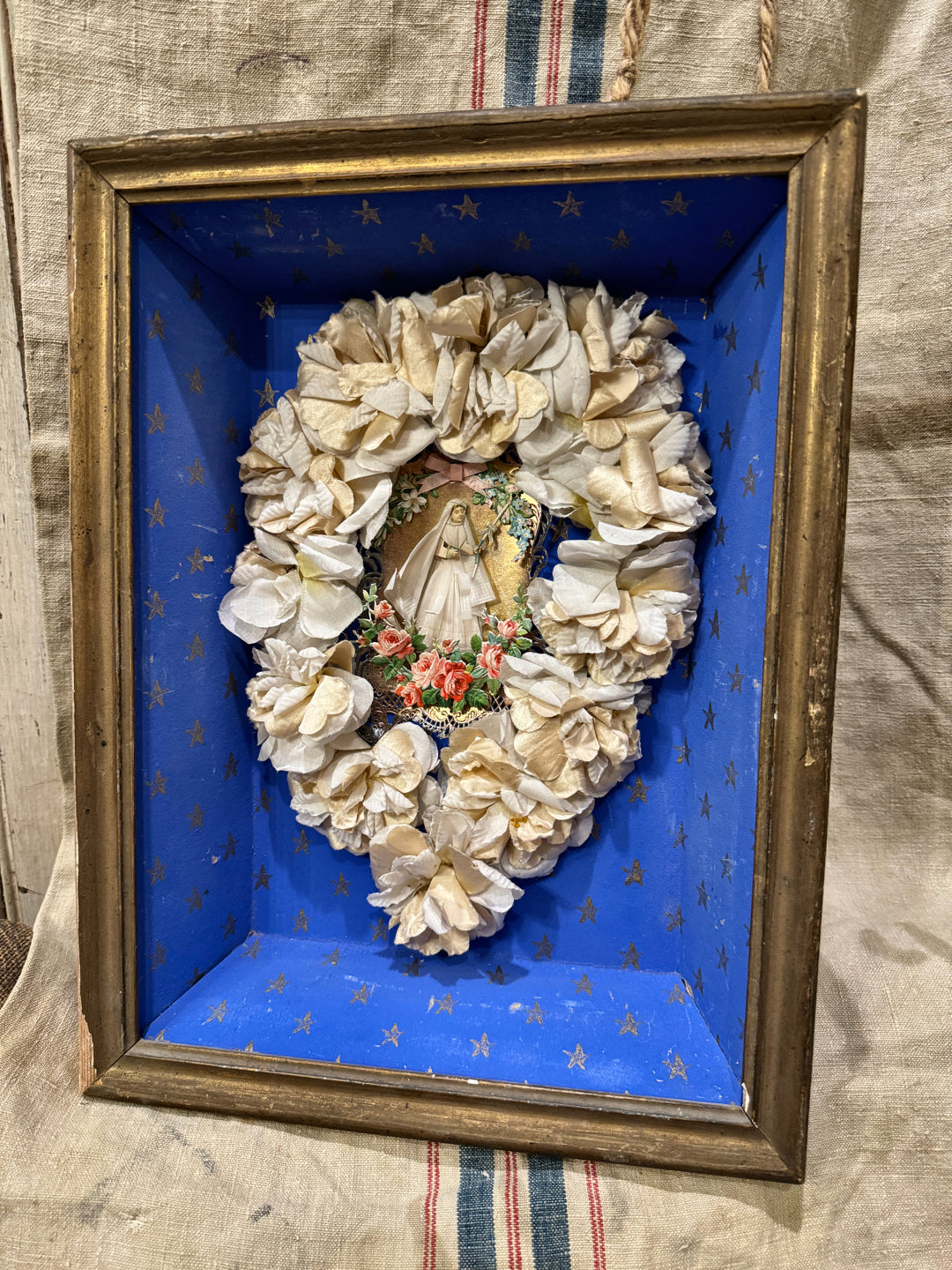 Antique French Boxed Framed First Communion Art with Flowers