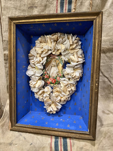 Antique French Boxed Framed First Communion Art with Flowers