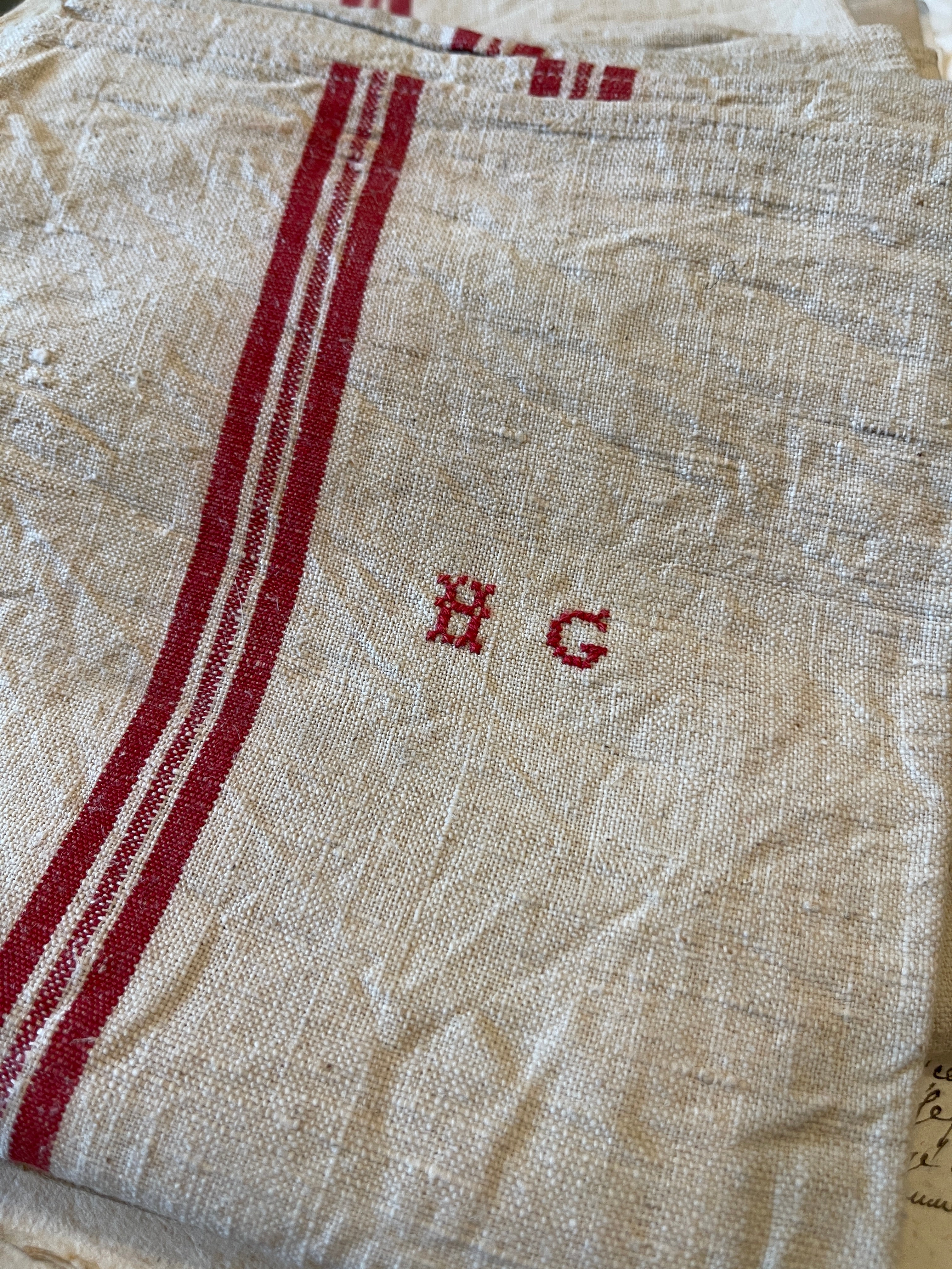 Antique Linen/Hemp Red Striped Torchon  - HG