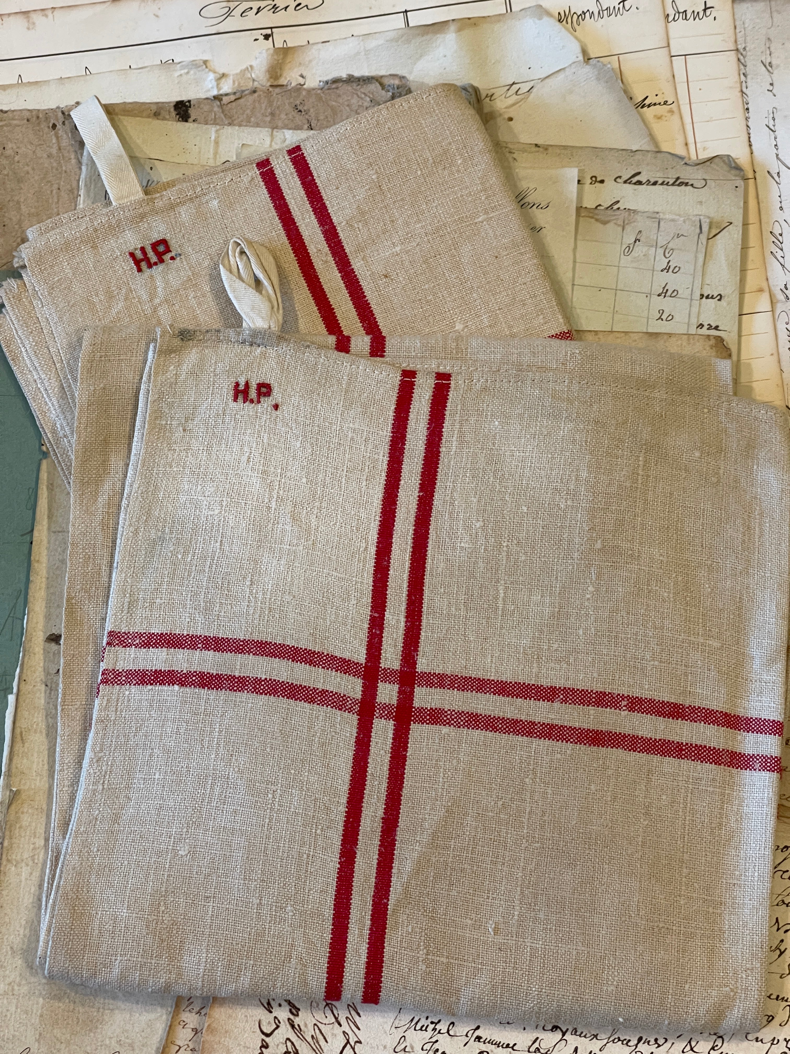 Antique Linen/Hemp Red Striped Torchon from the Farm Stitched HP