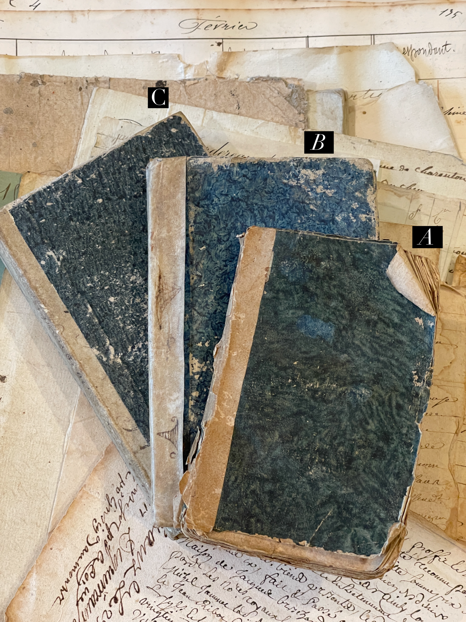 Antique 1805 - 1833 French Blue Paste Paper Books