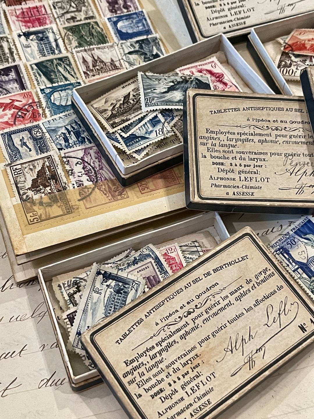 Original Antique French Medicine Paper Boxes with Stamps