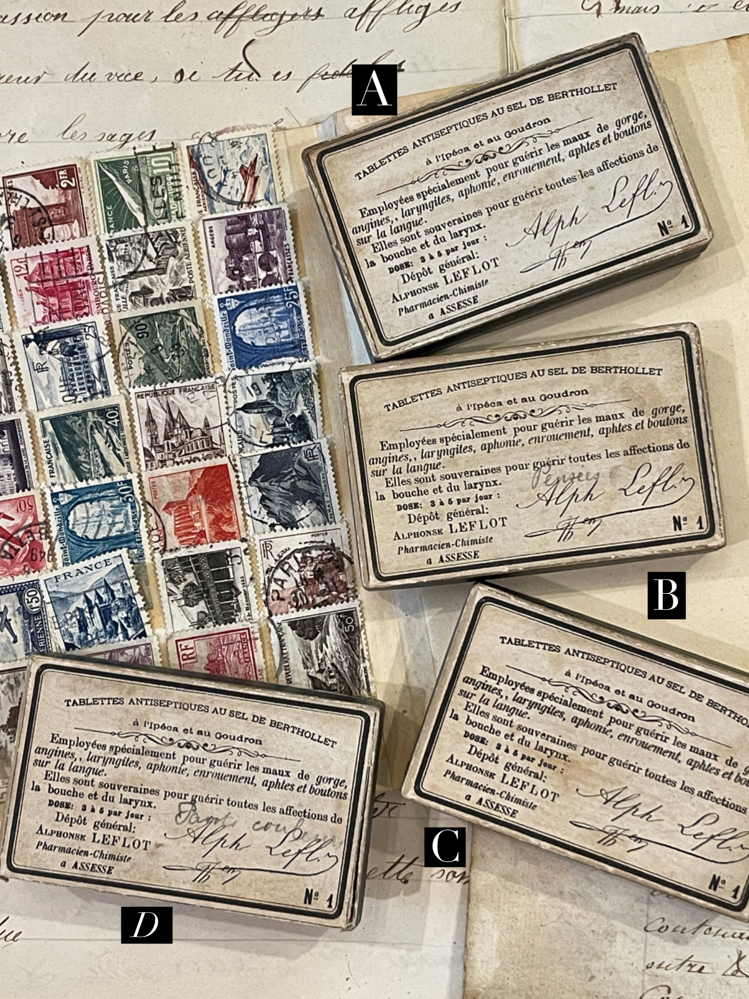 Original Antique French Medicine Paper Boxes with Stamps
