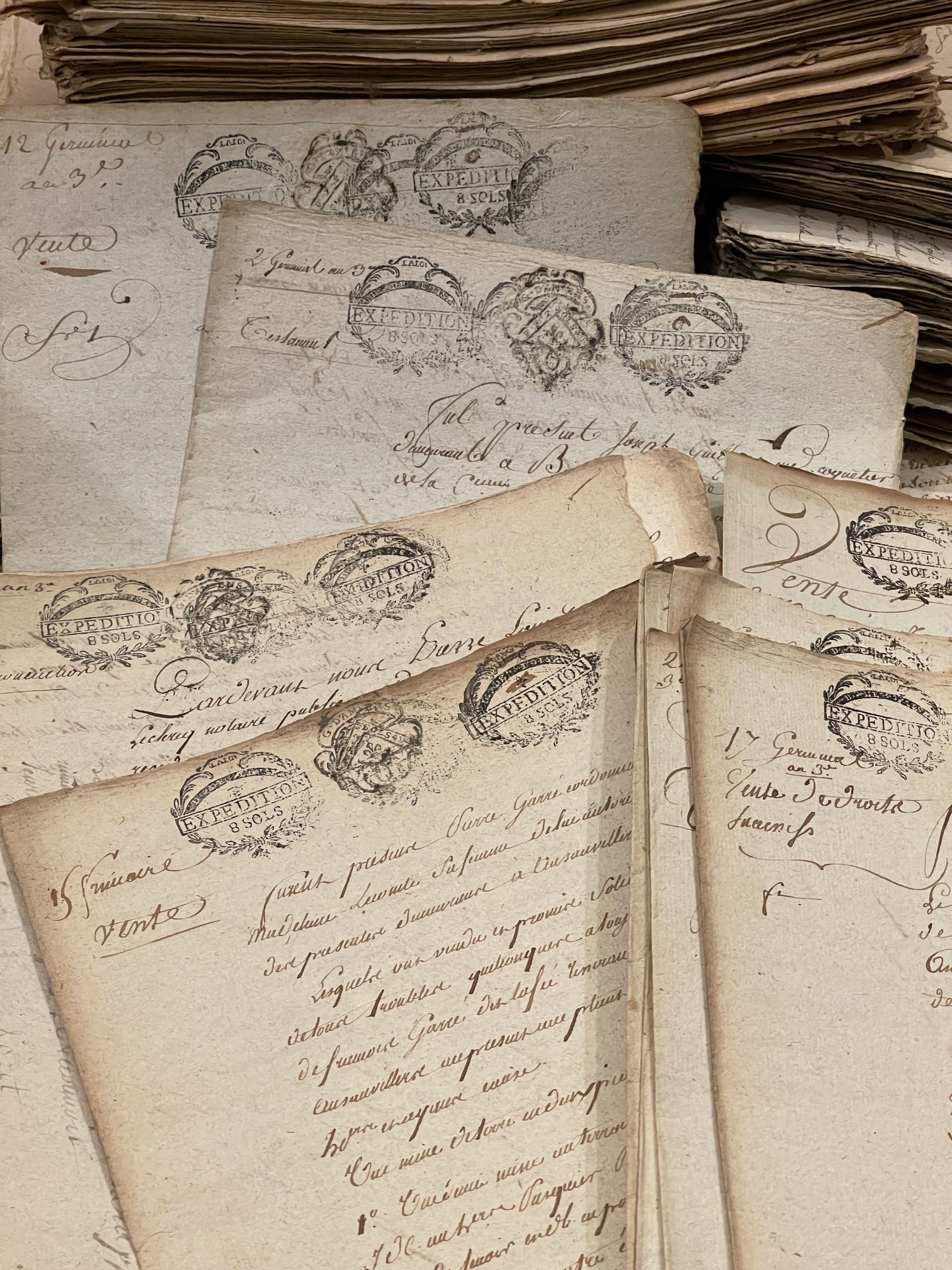 Fantastic TRIPLE Stamped 1700's  Antique French Script Document Pages