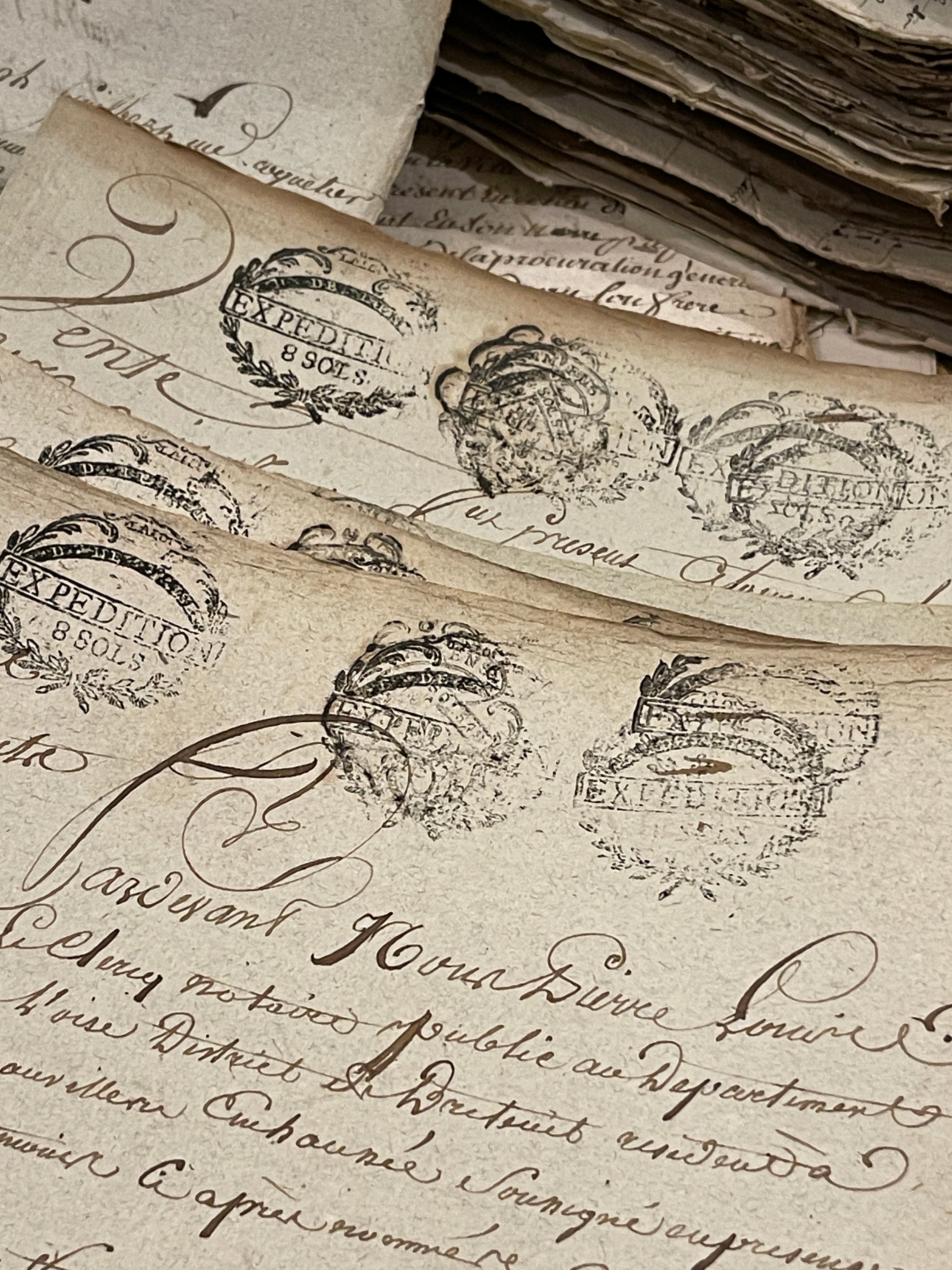 Fantastic TRIPLE Stamped 1700's  Antique French Script Document Pages