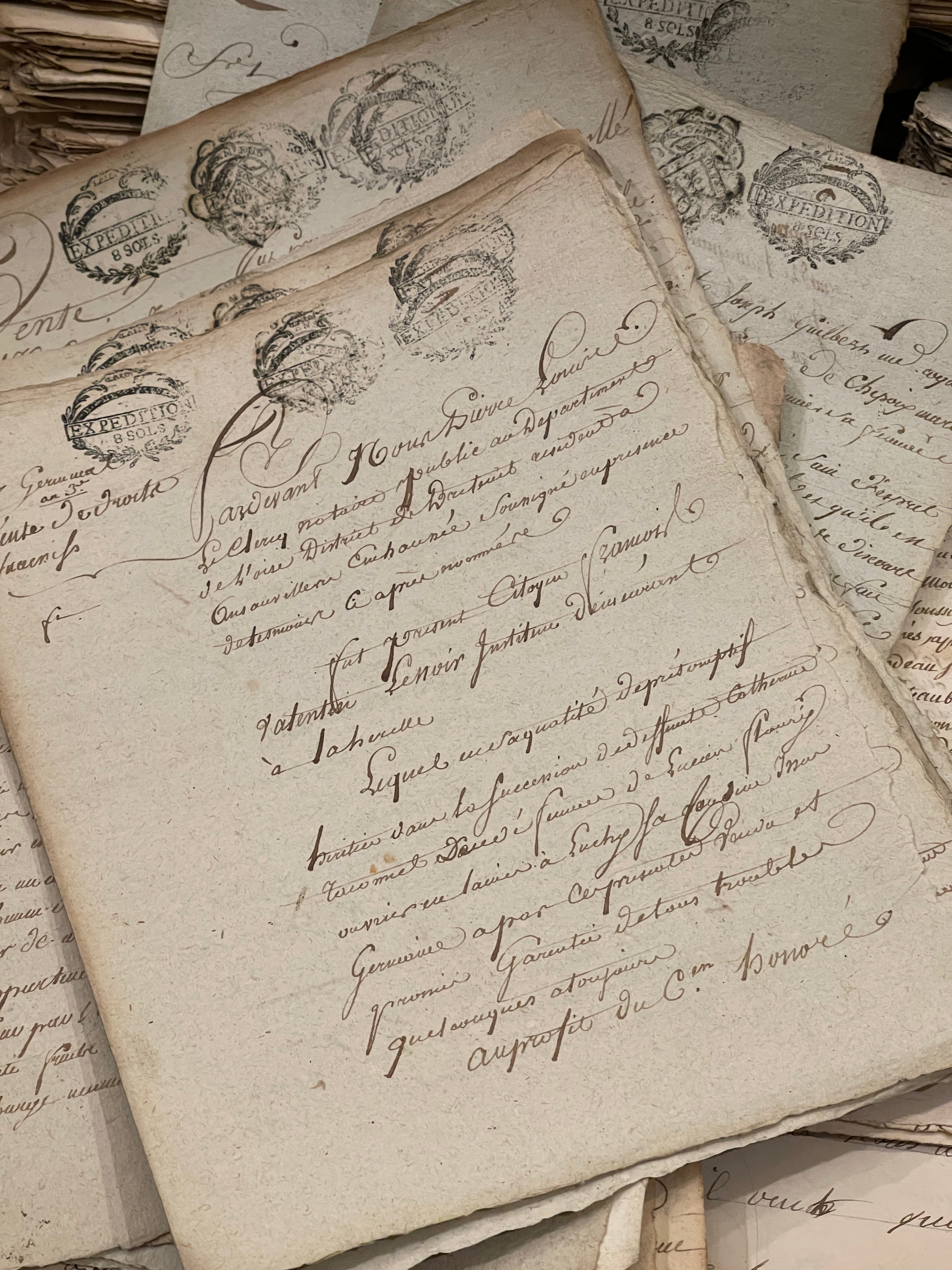 Fantastic TRIPLE Stamped 1700's  Antique French Script Document Pages