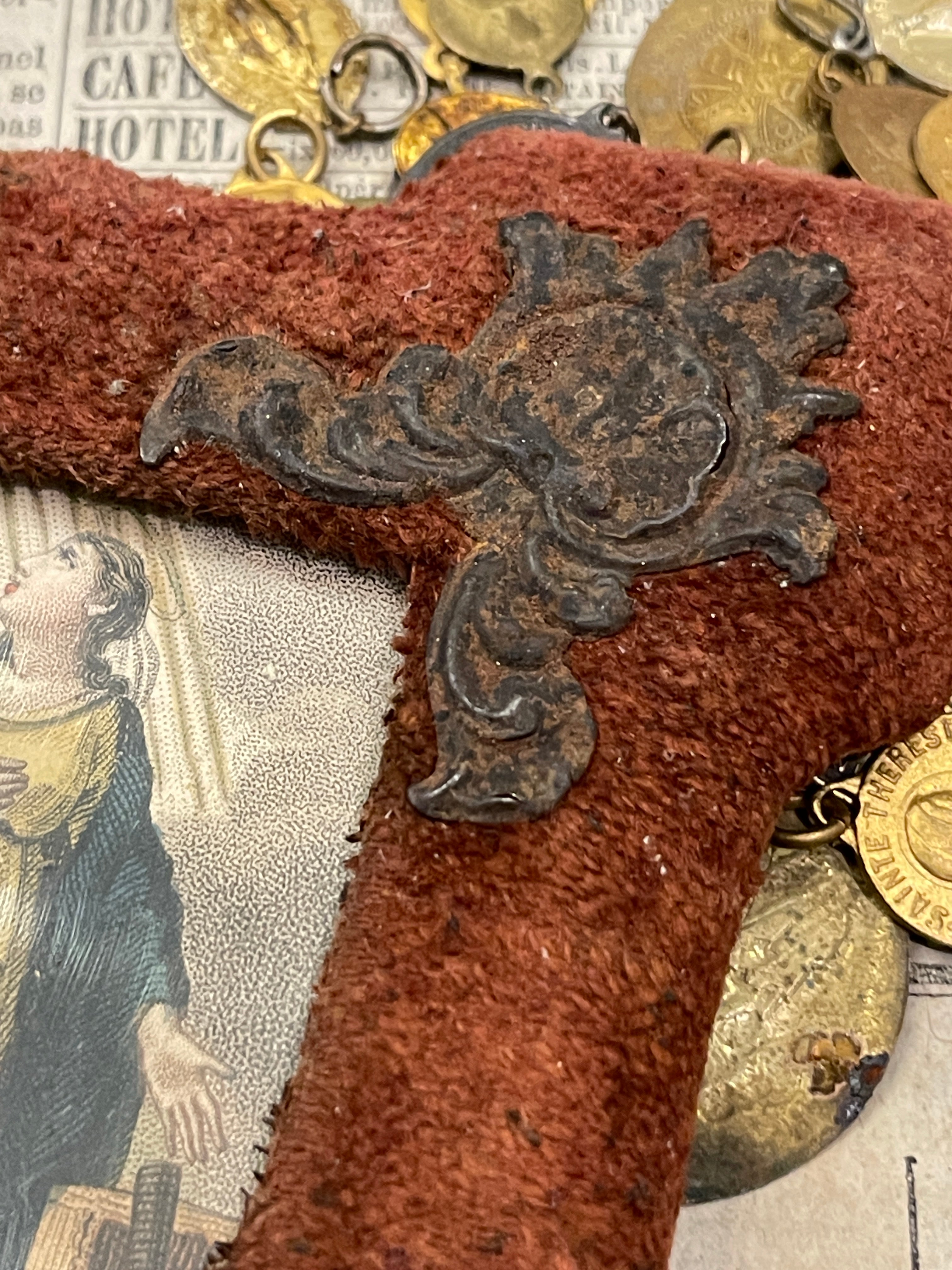 1800's French Religious Icon Ste Julie in Red Velvet Frame