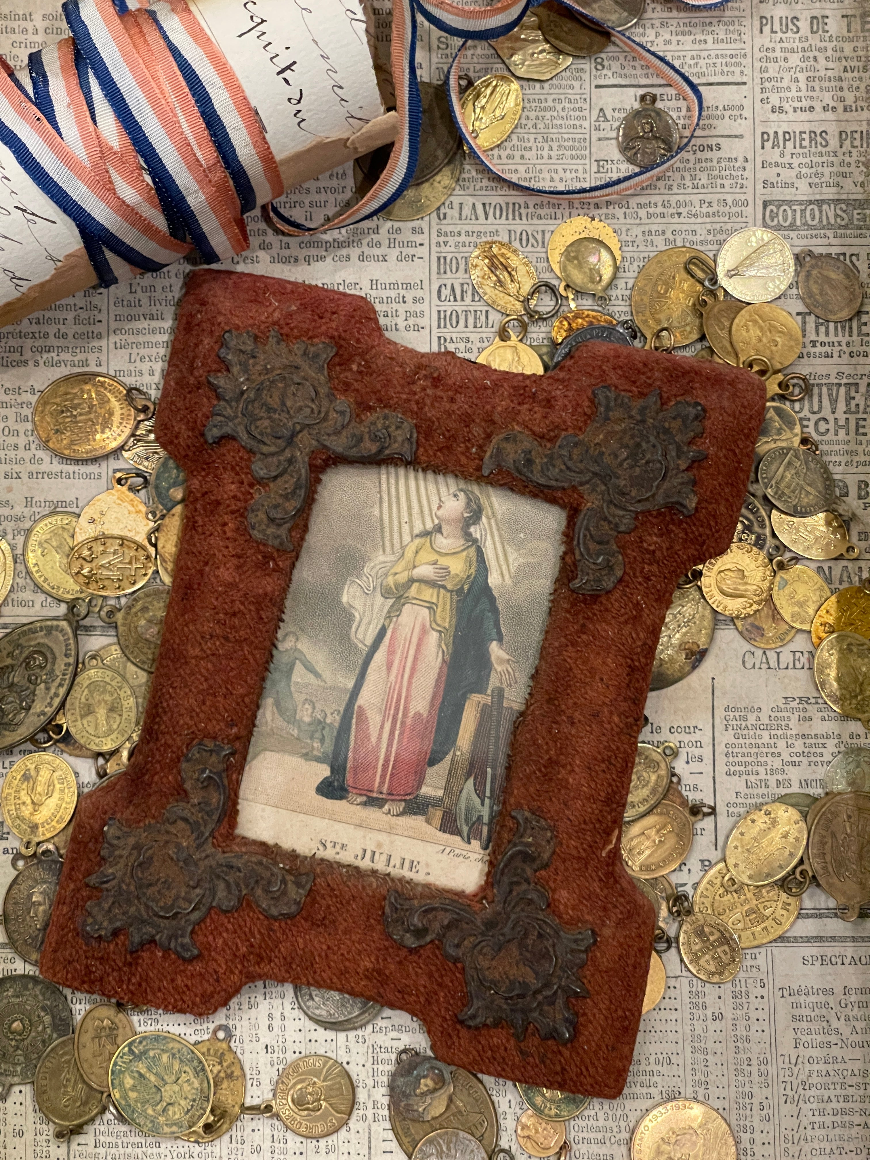 1800's French Religious Icon Ste Julie in Red Velvet Frame