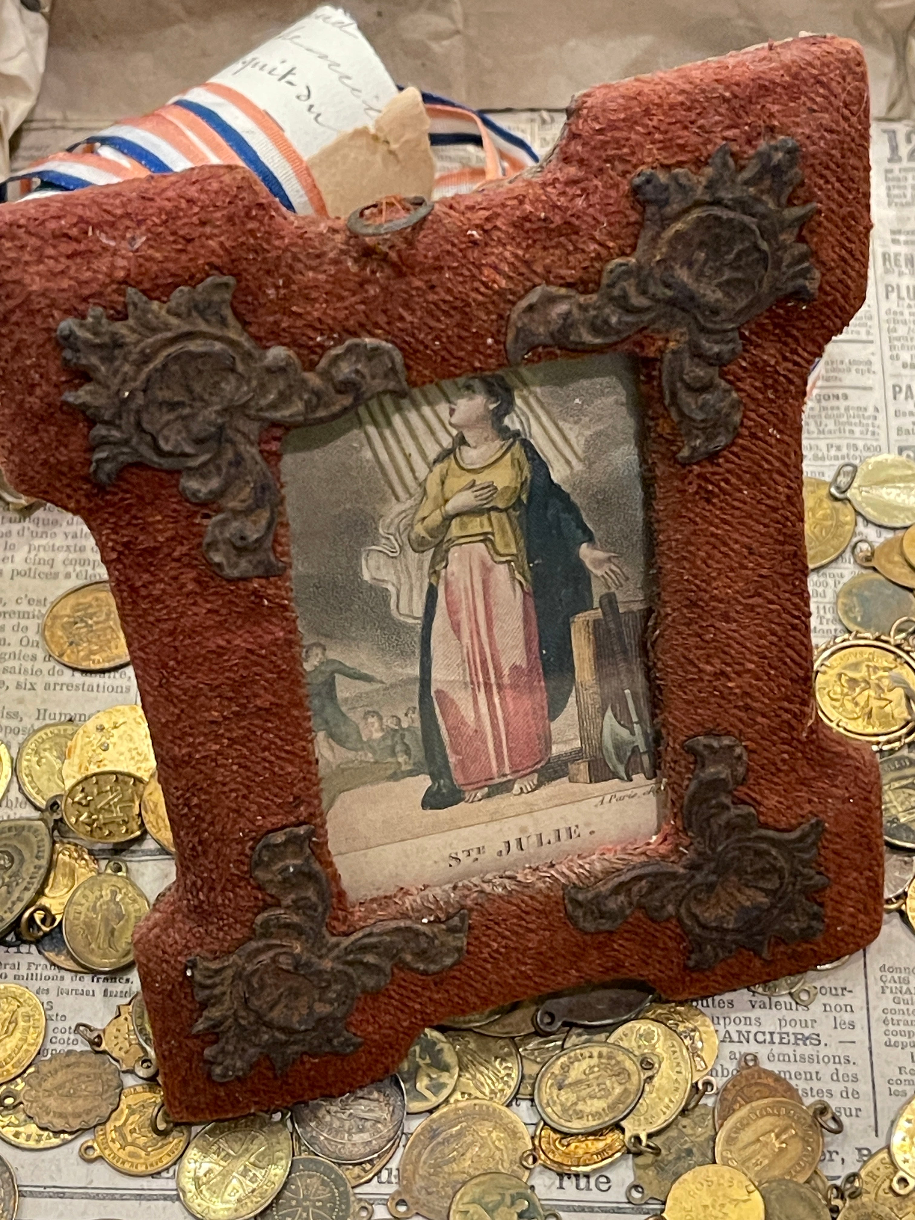 1800's French Religious Icon Ste Julie in Red Velvet Frame