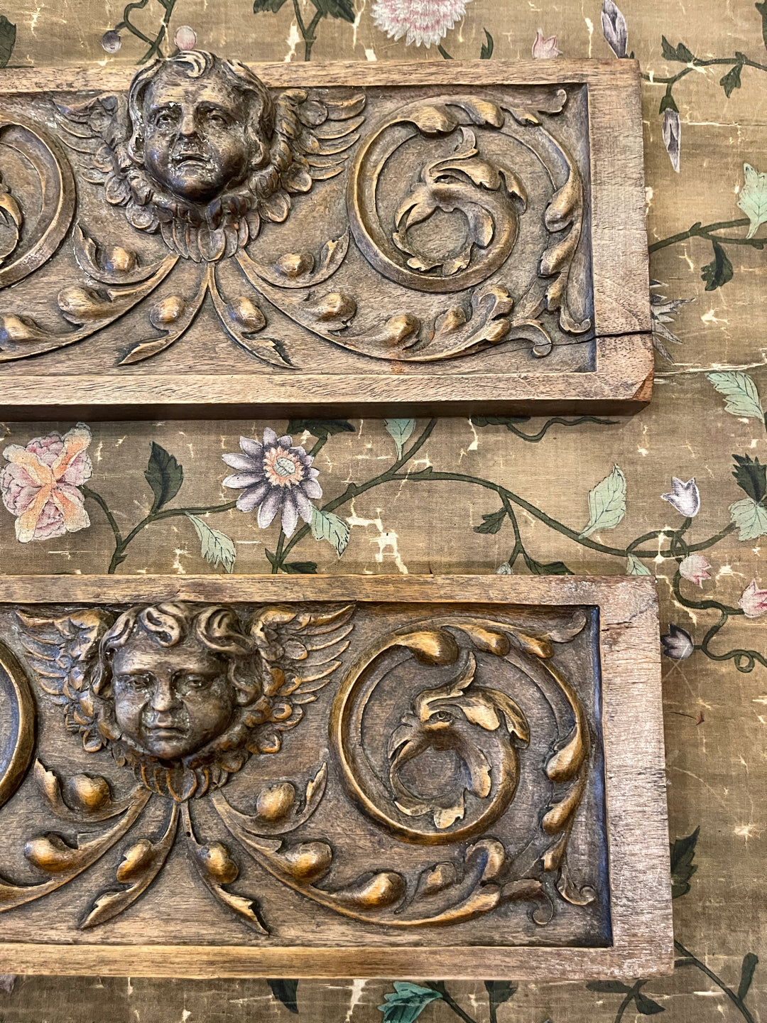 Antique Hand Carved French Drawer Front Wood Panels with Cherubs- F