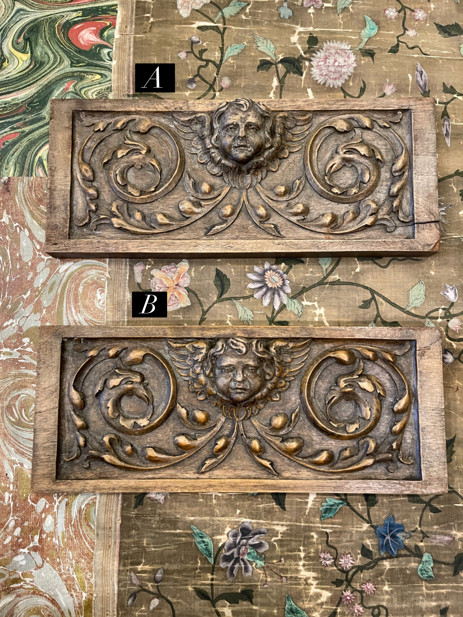 Antique Hand Carved French Drawer Front Wood Panels with Cherubs- F