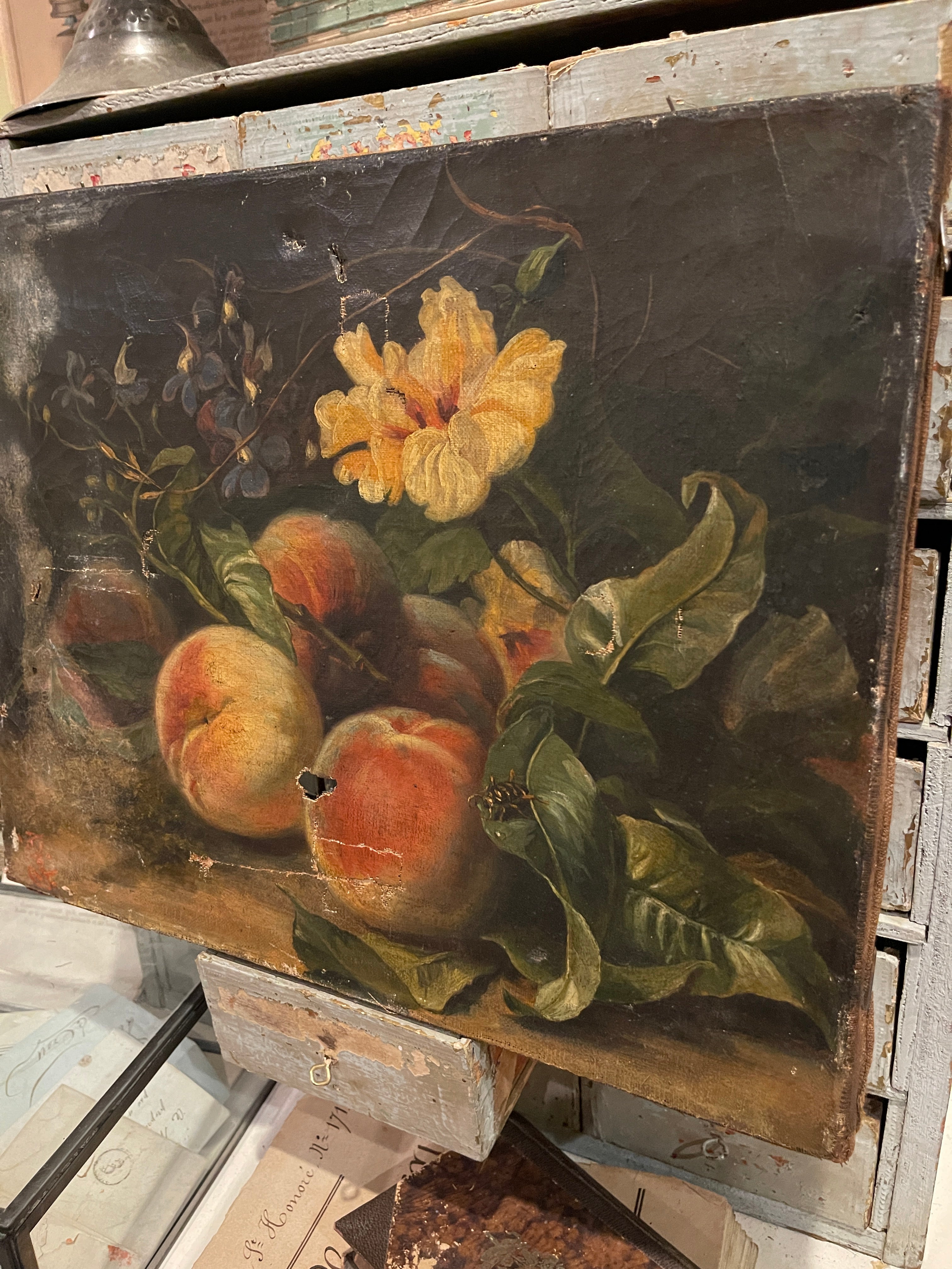 Antique French Florals and Fruits Canvas Painting