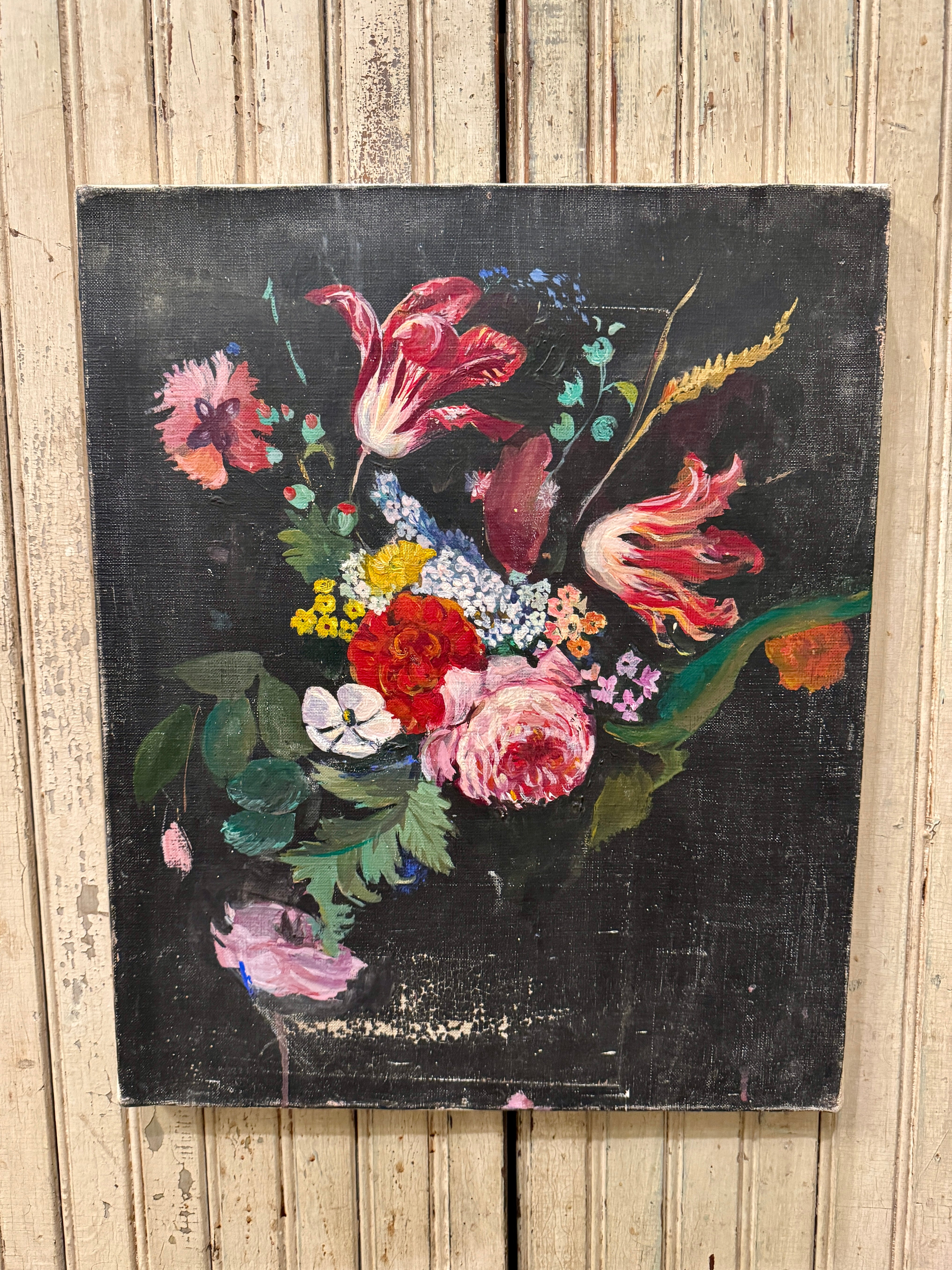 Original Antique French Botanical Canvas Painting