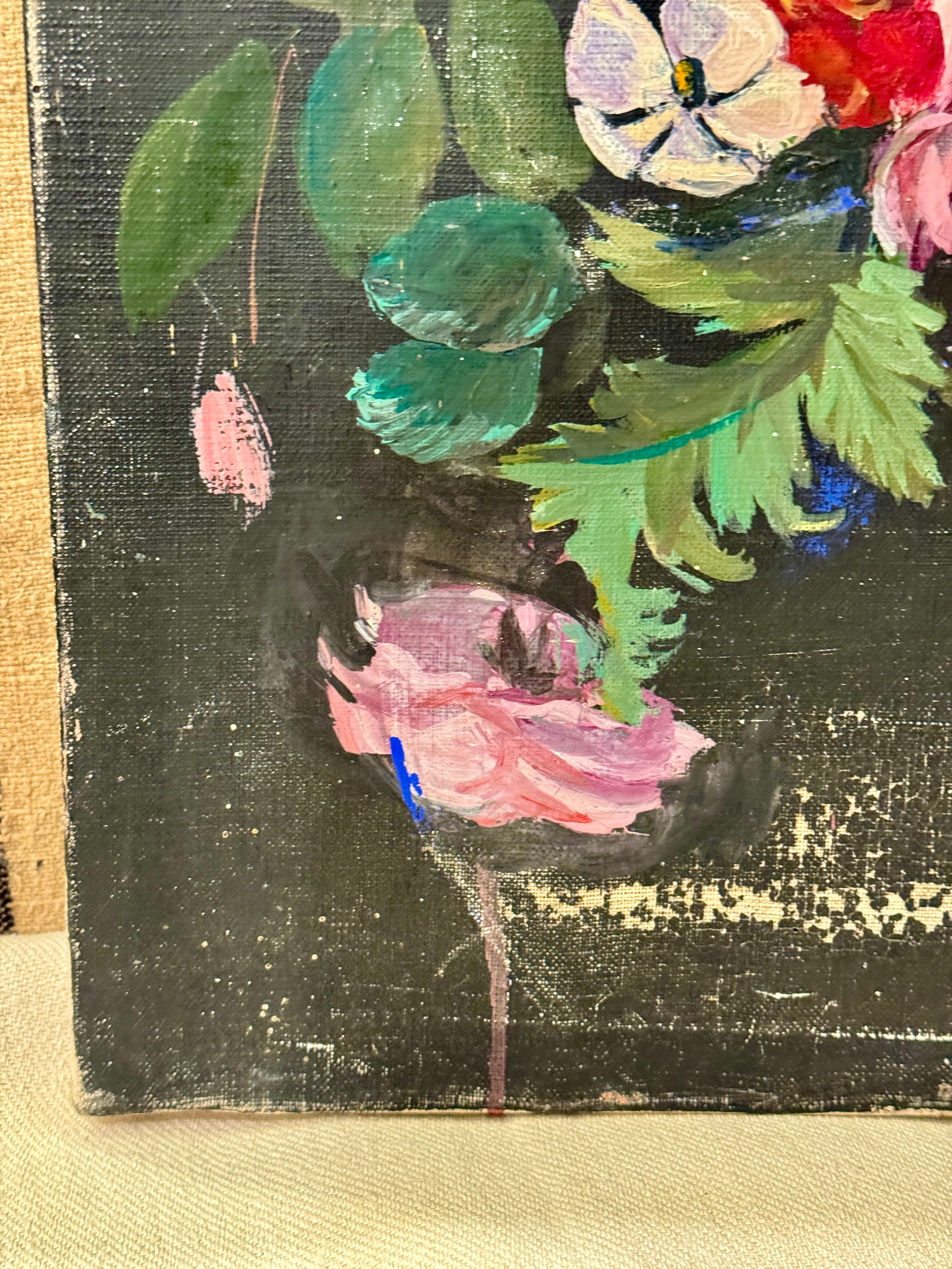 Original Antique French Botanical Canvas Painting