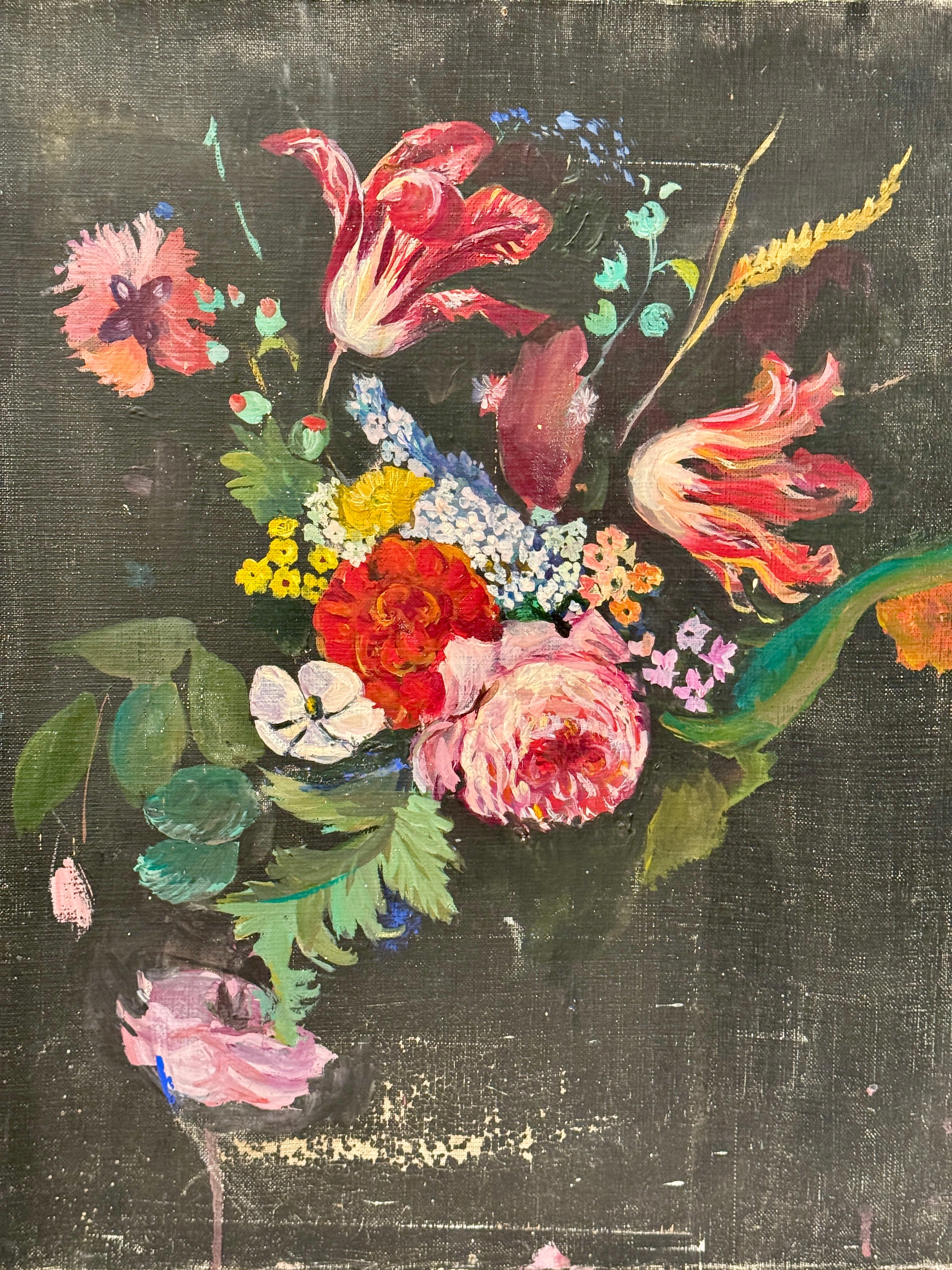 Original Antique French Botanical Canvas Painting
