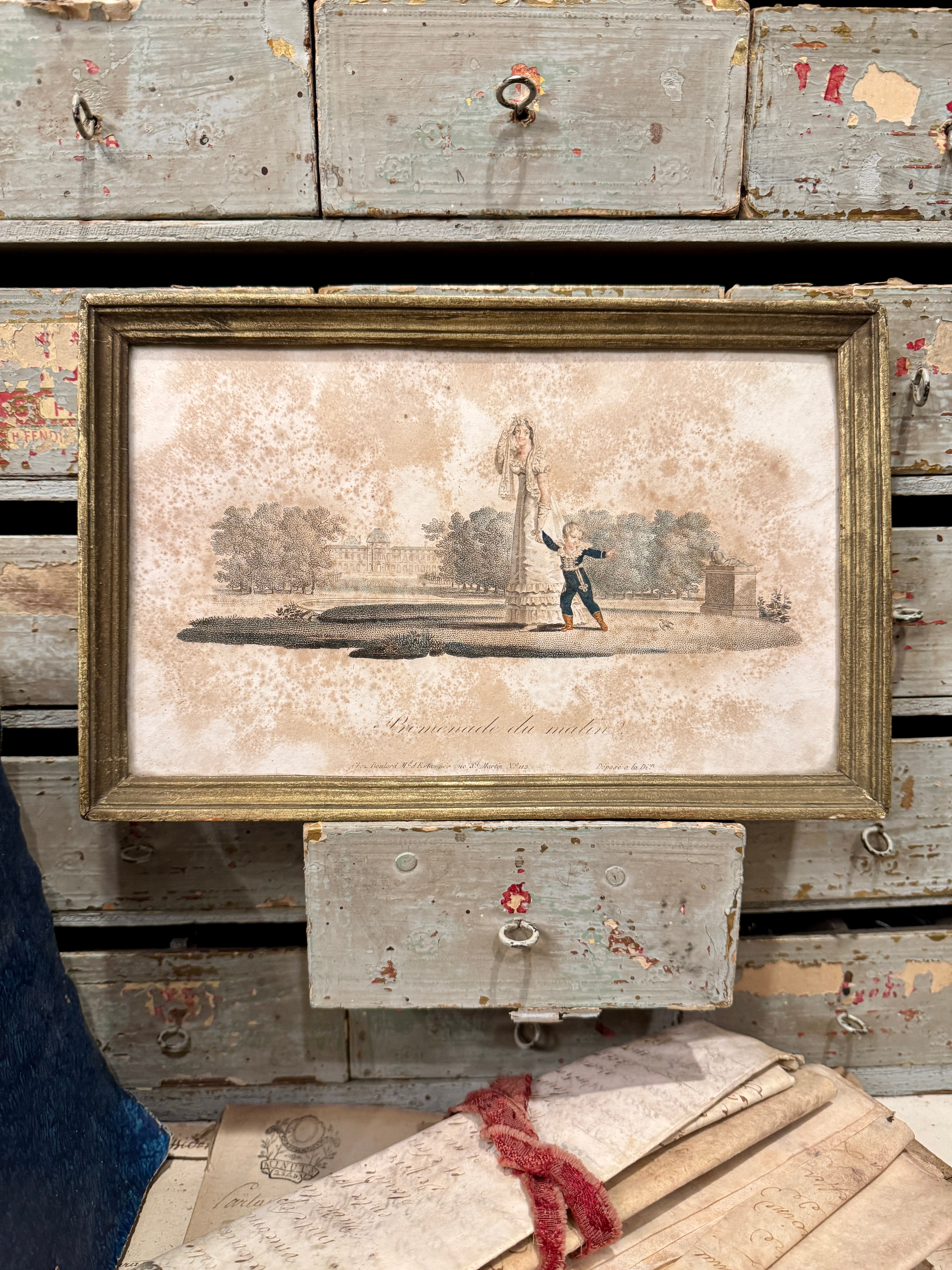 Antique French Framed Engraving - Morning Walk