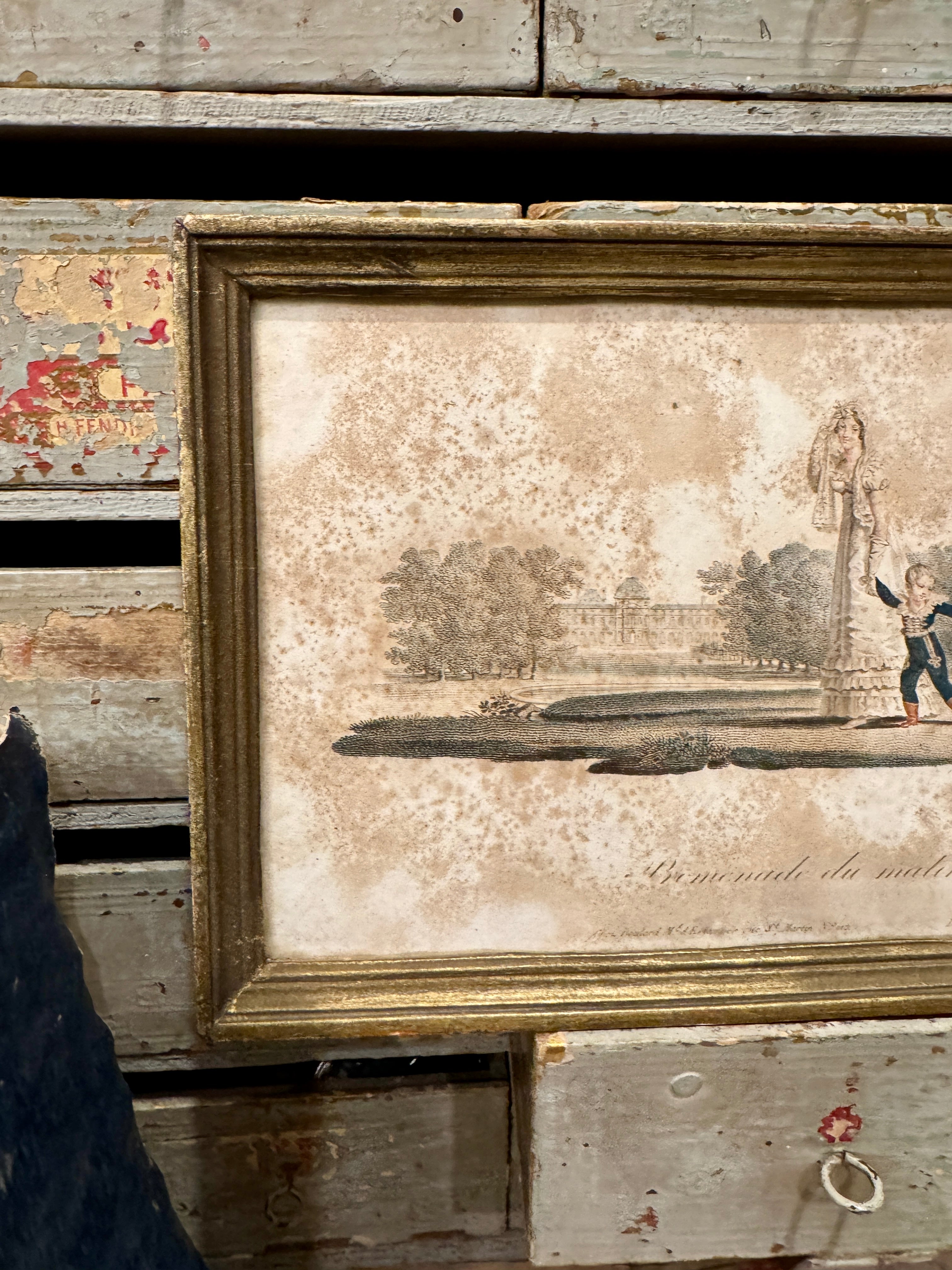 Antique French Framed Engraving - Morning Walk