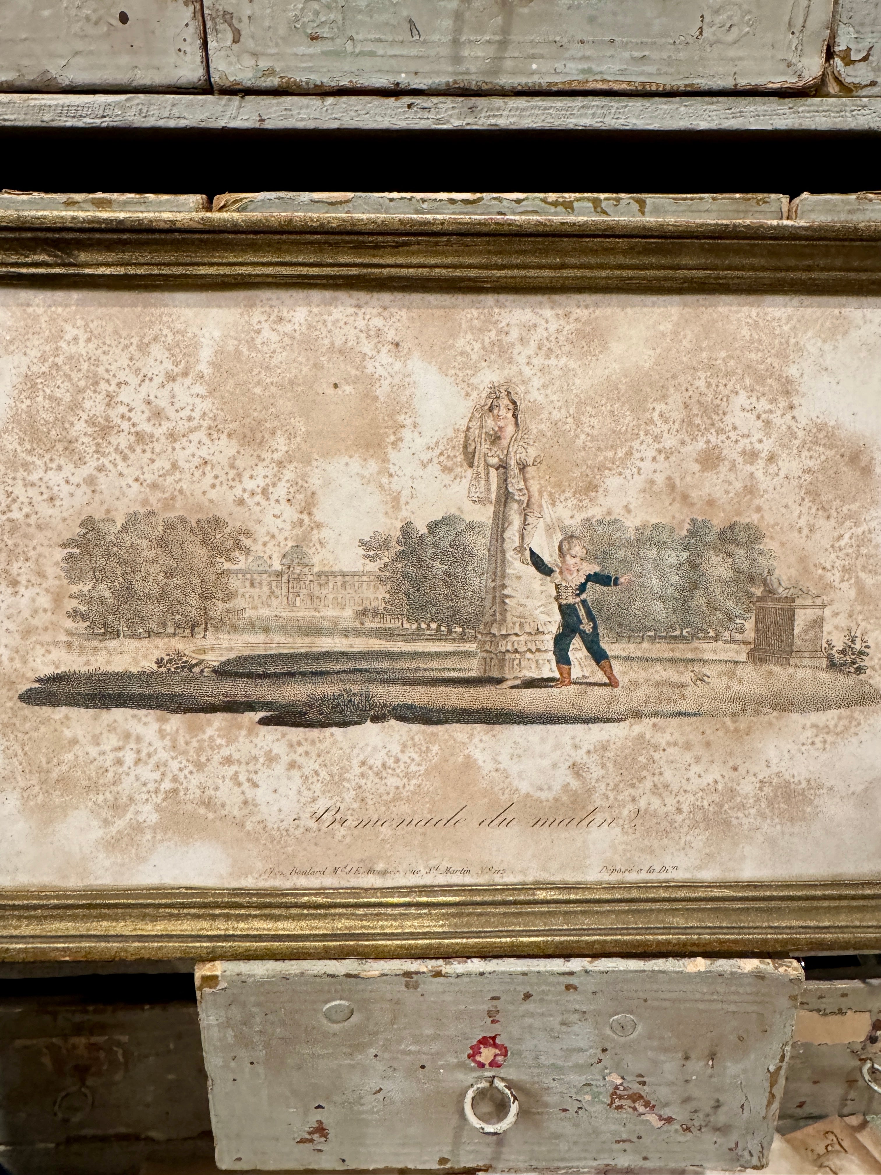 Antique French Framed Engraving - Morning Walk