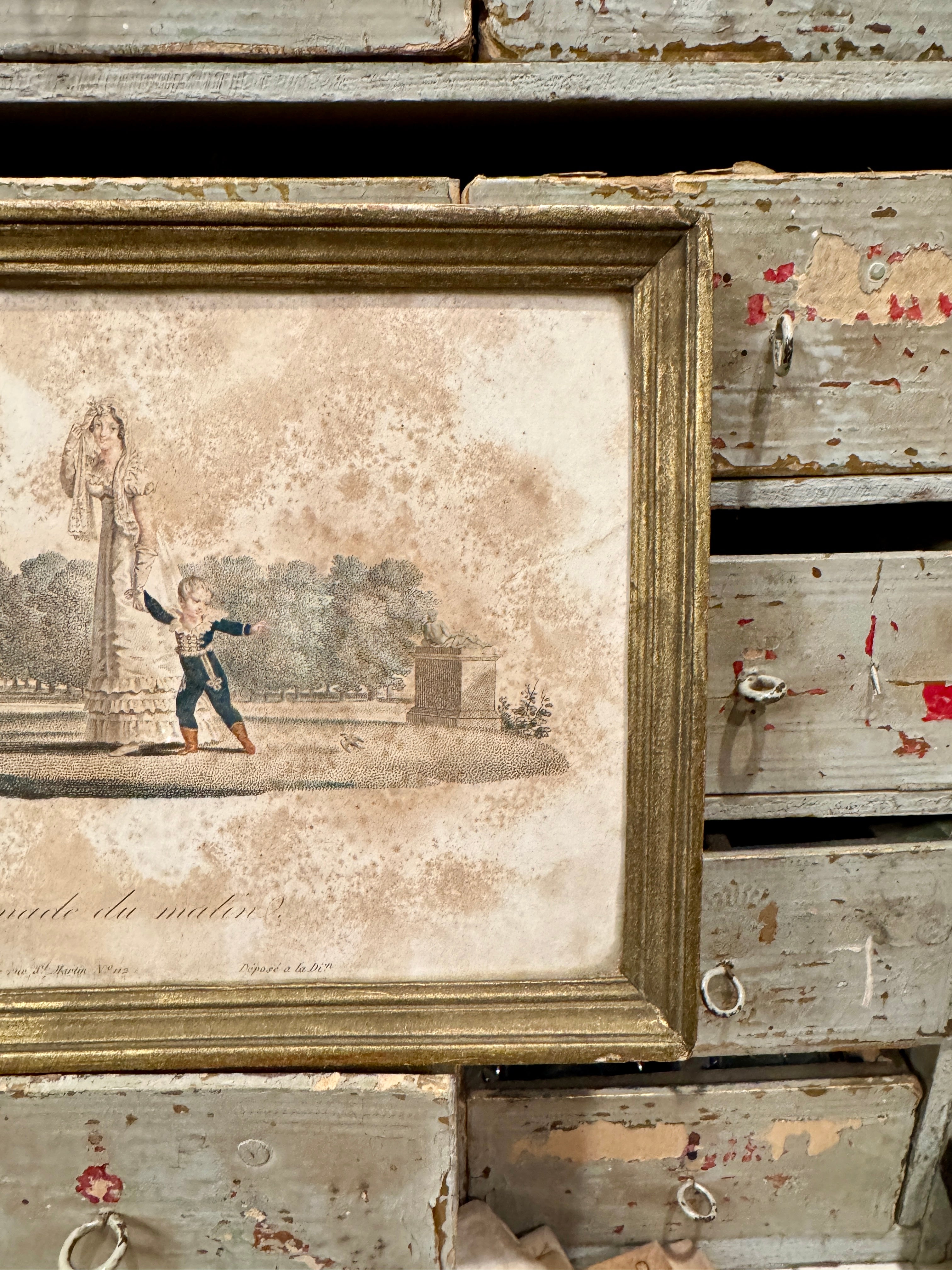 Antique French Framed Engraving - Morning Walk