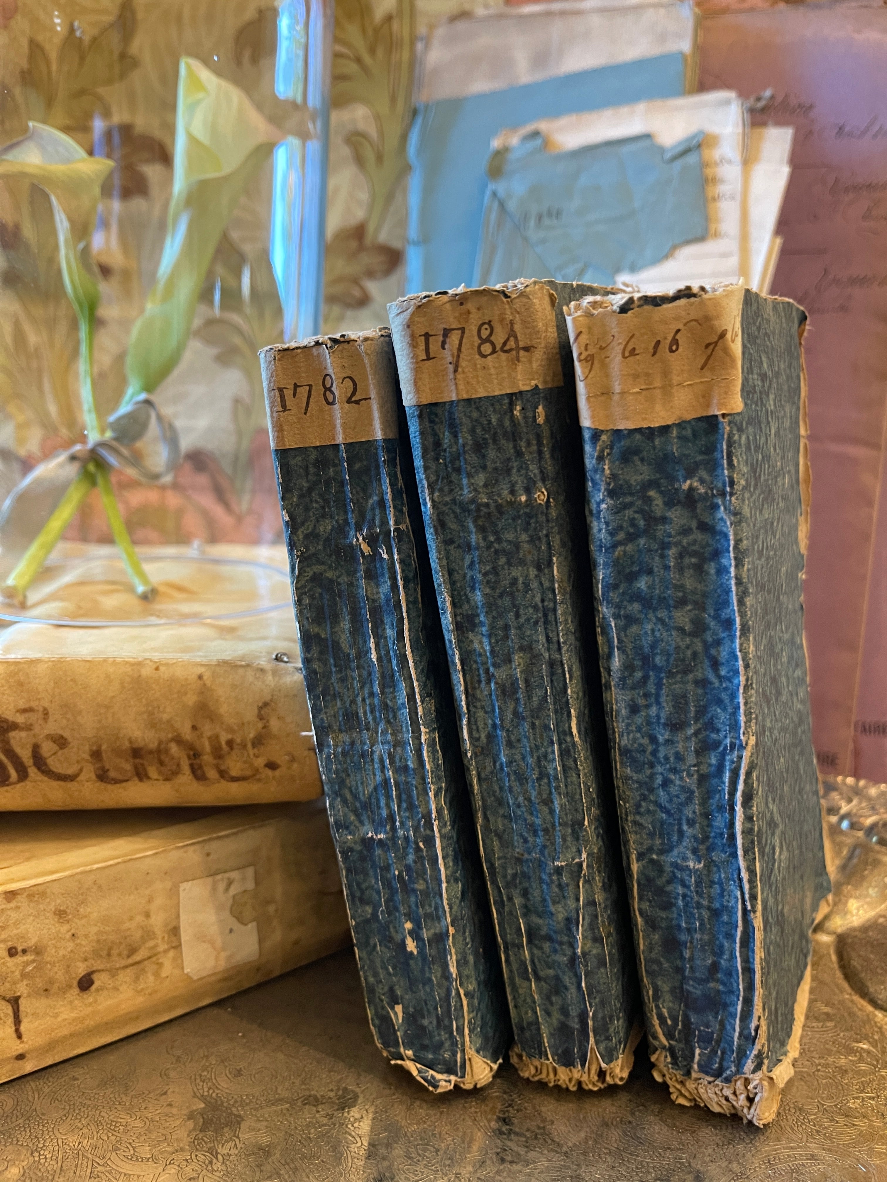 Antique 1782 - 1787 French Deckled Edge Blue Paste Paper Books