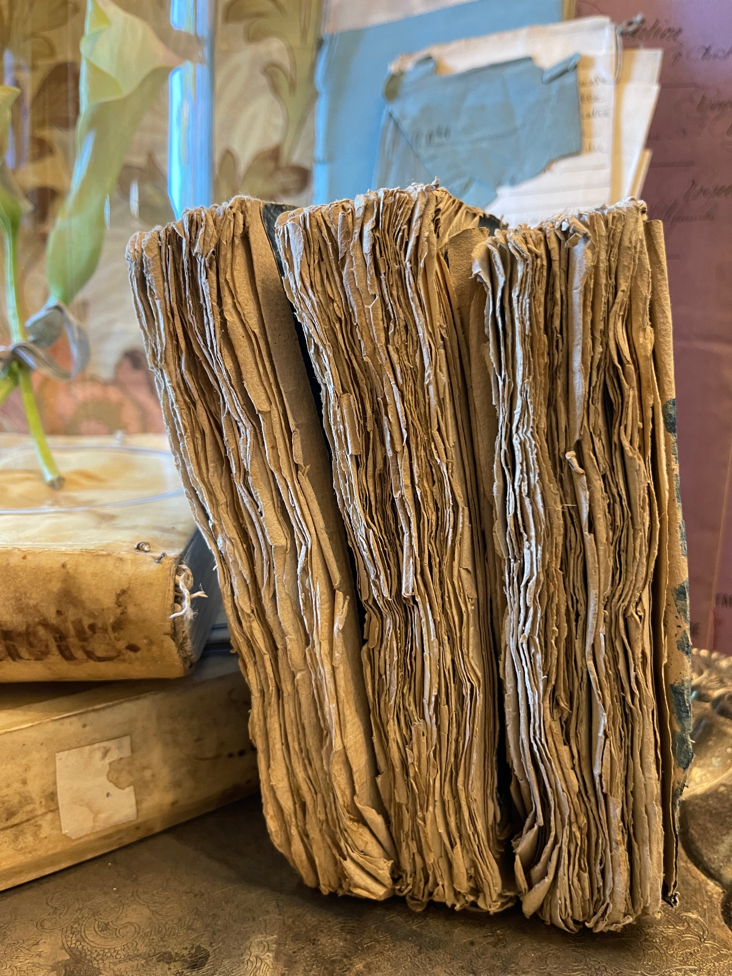 Antique 1782 - 1787 French Deckled Edge Blue Paste Paper Books