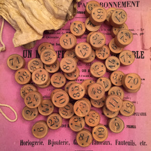 Vintage French Wood Lotto Bingo Number Markers in sets/12