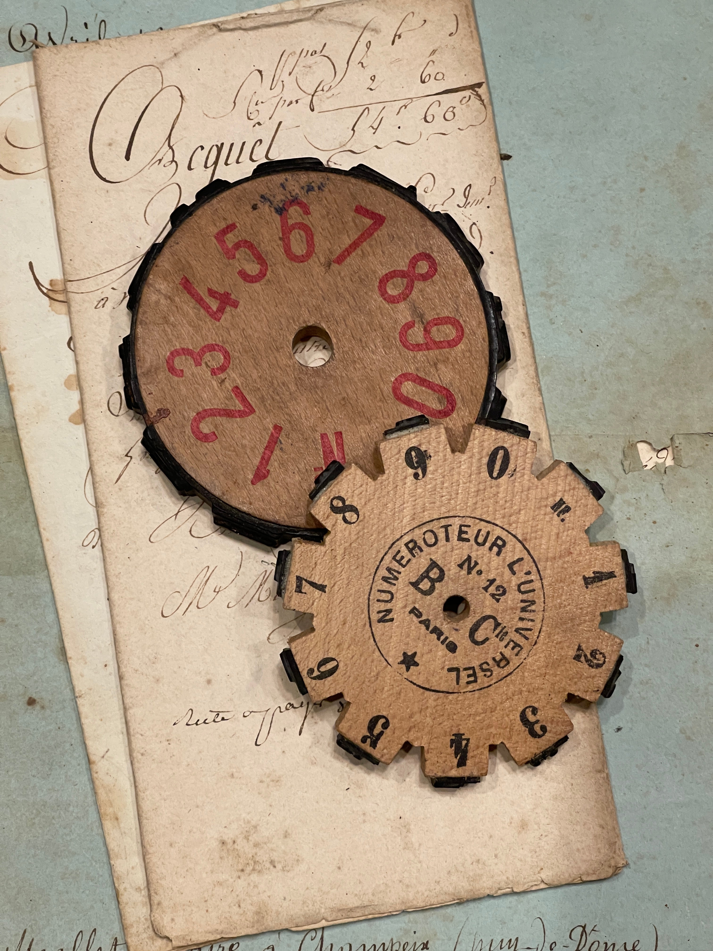 Antique French wooden stamp printing wheel