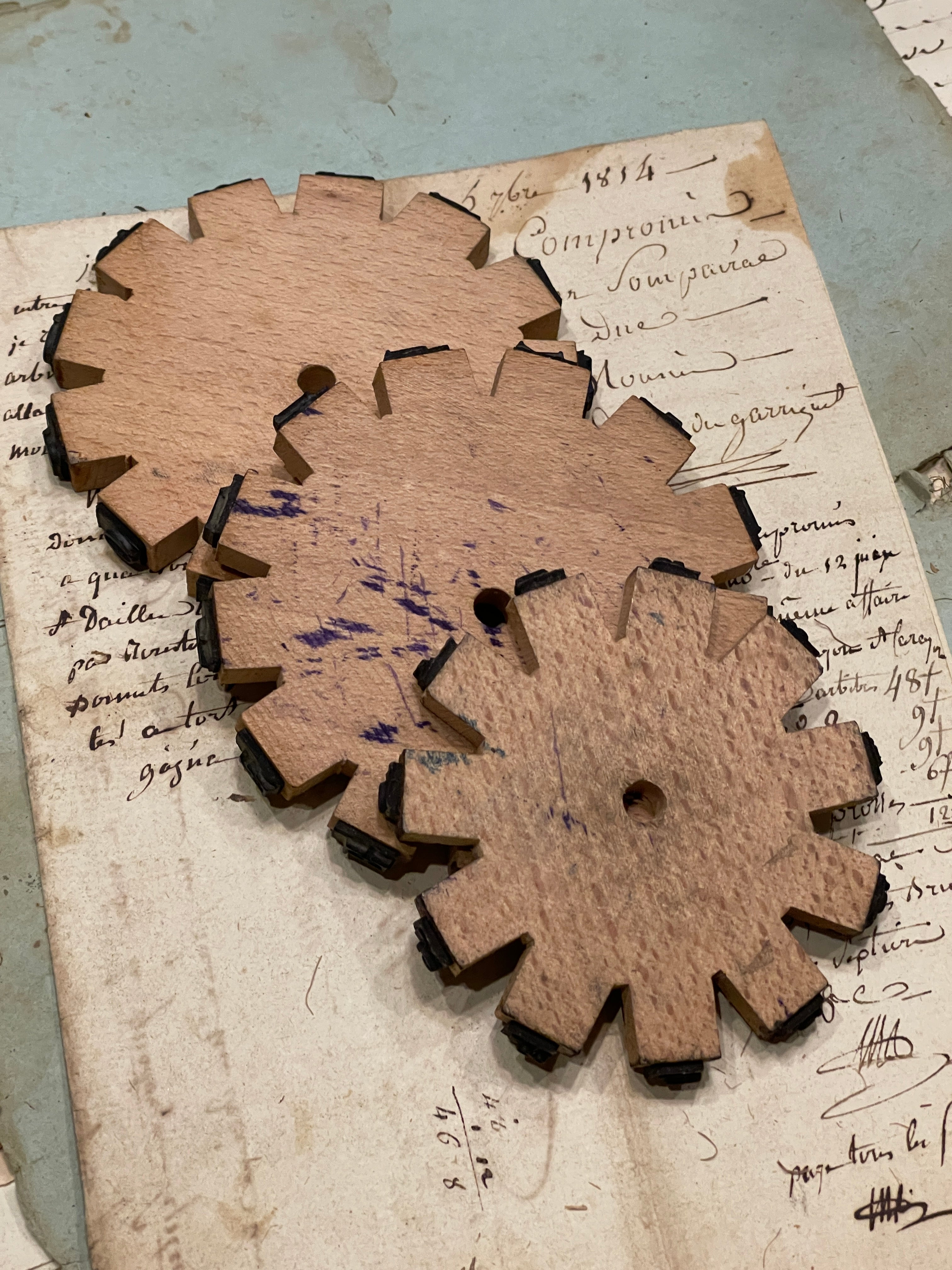 Antique French wooden stamp printing wheels