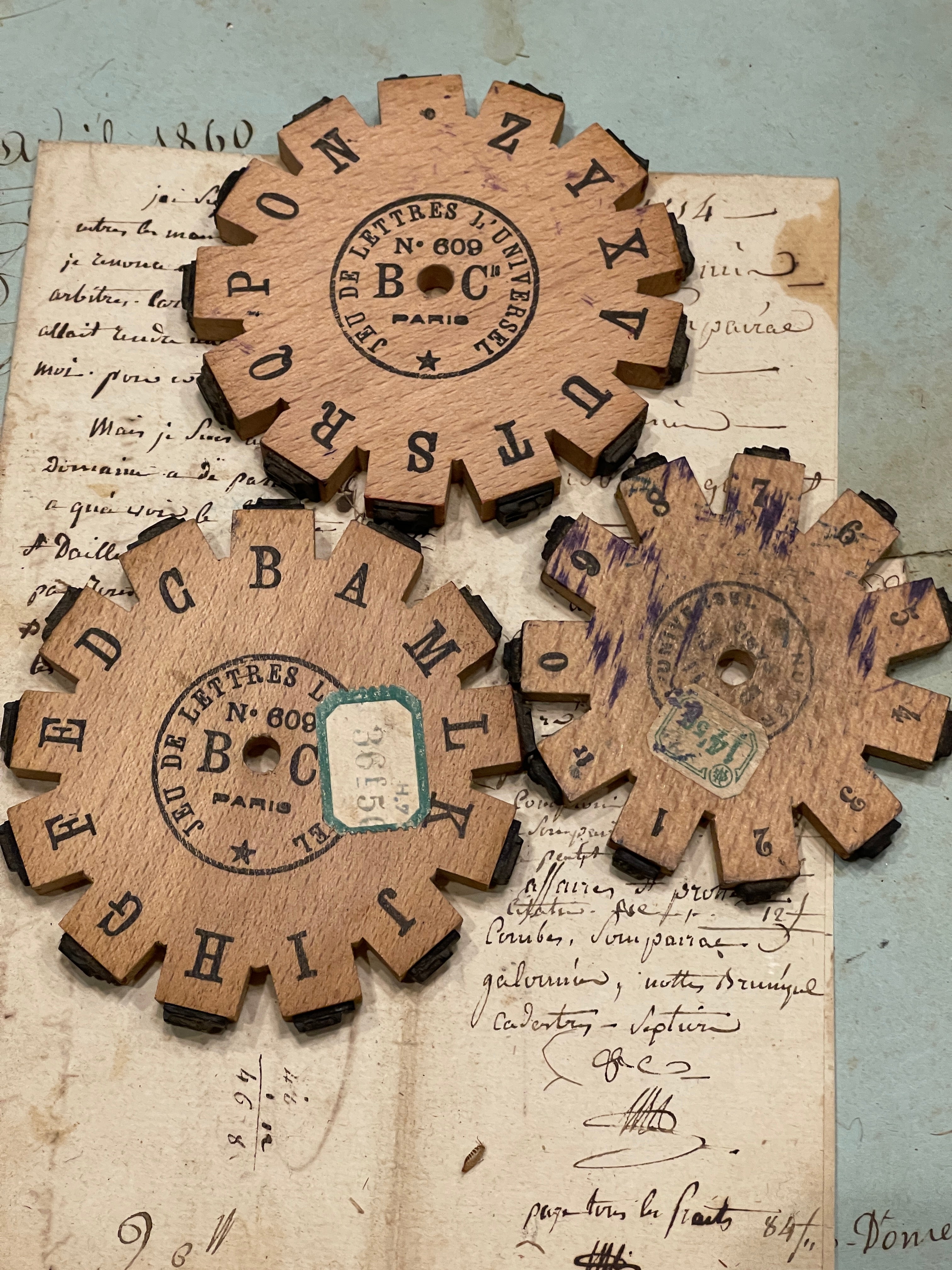 Antique French wooden stamp printing wheels