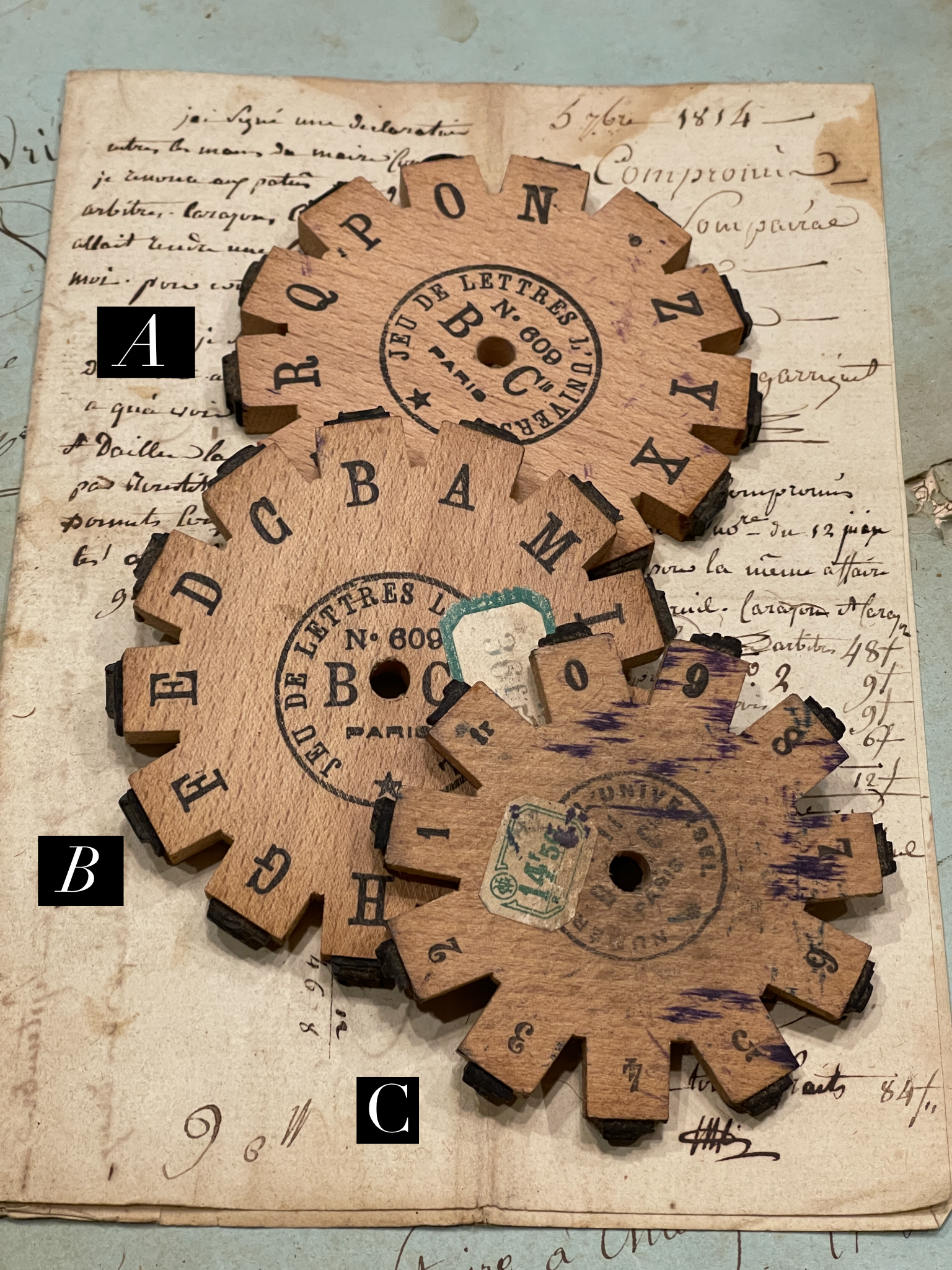 Antique French wooden stamp printing wheels