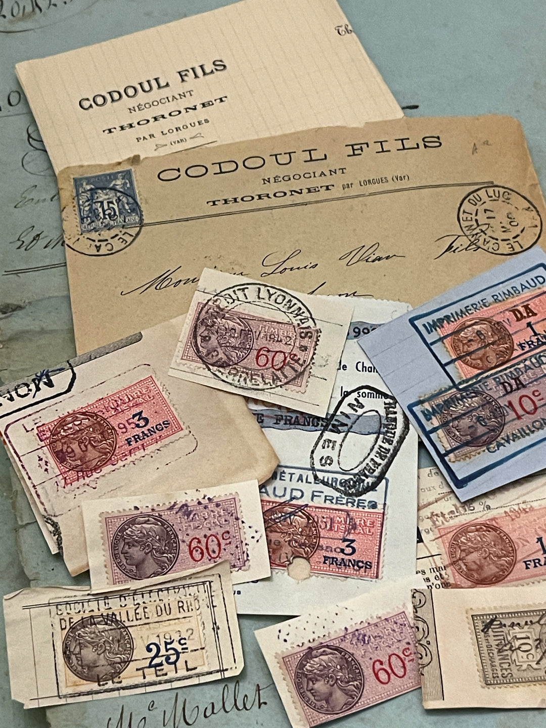 Antique French Envelope with Stamps and Original Document