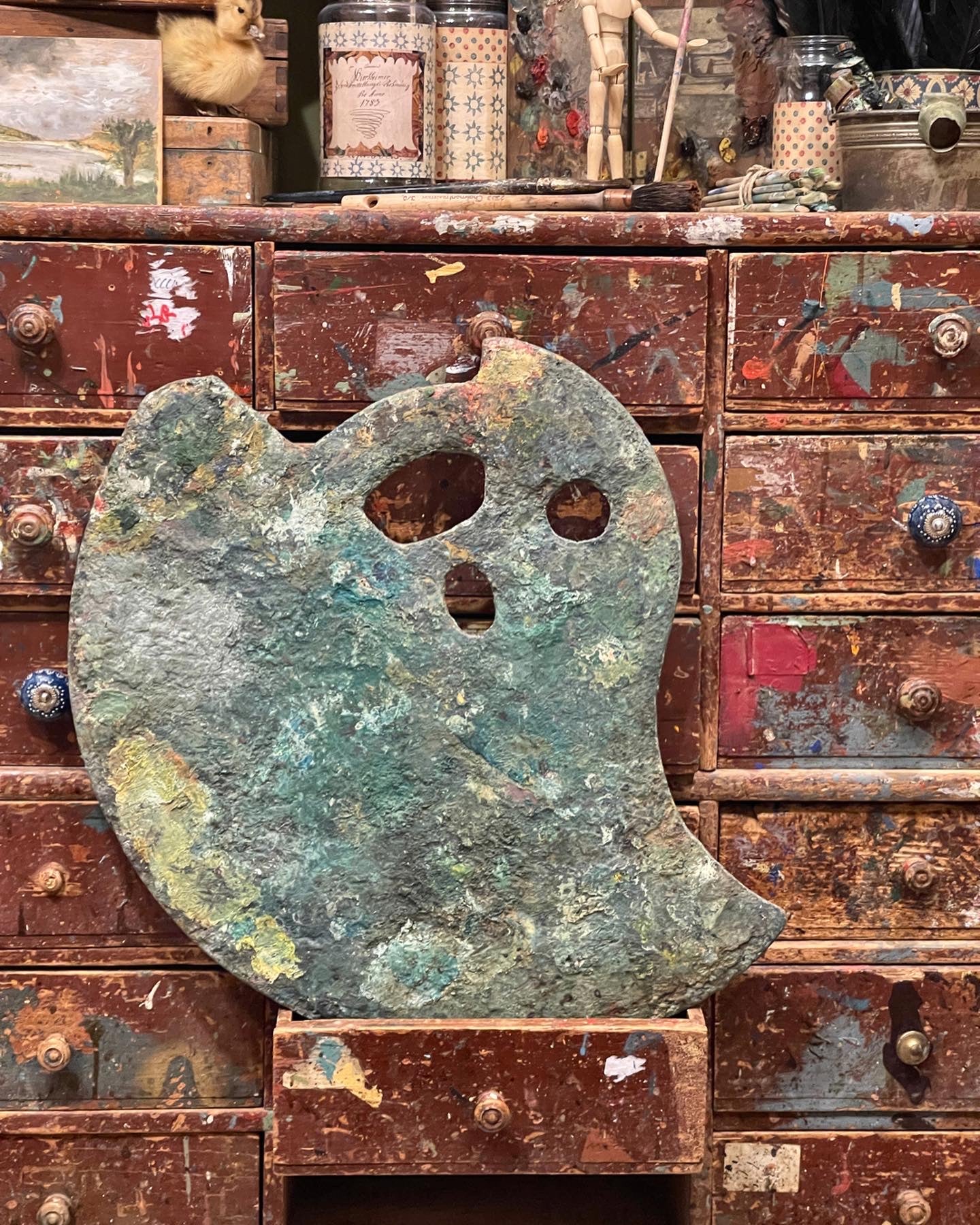 HUGE Antique French Artists Palette with Very Thick Oil Paint
