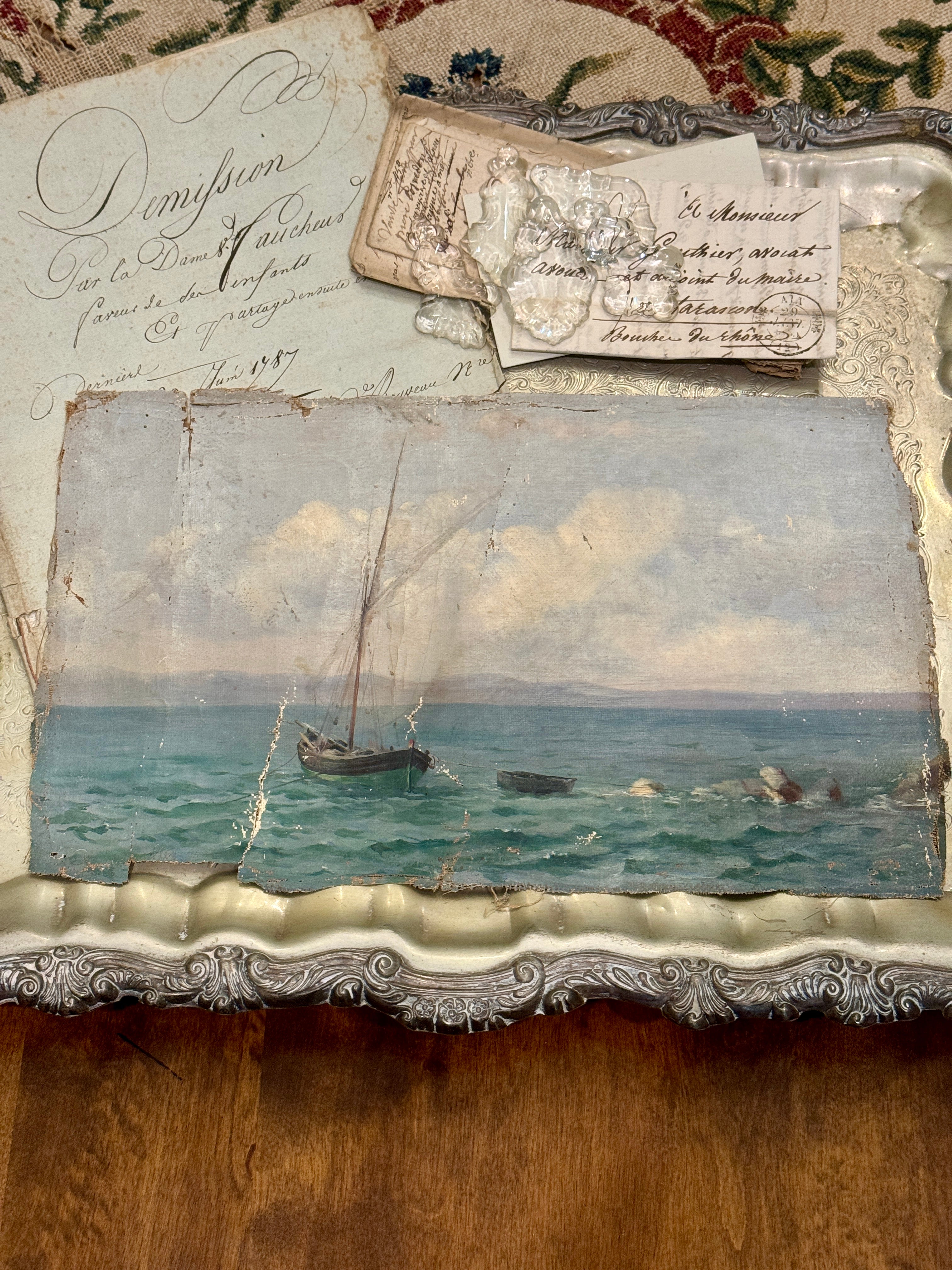 Antique Timeworn Early 1800s French Nautical Canvas