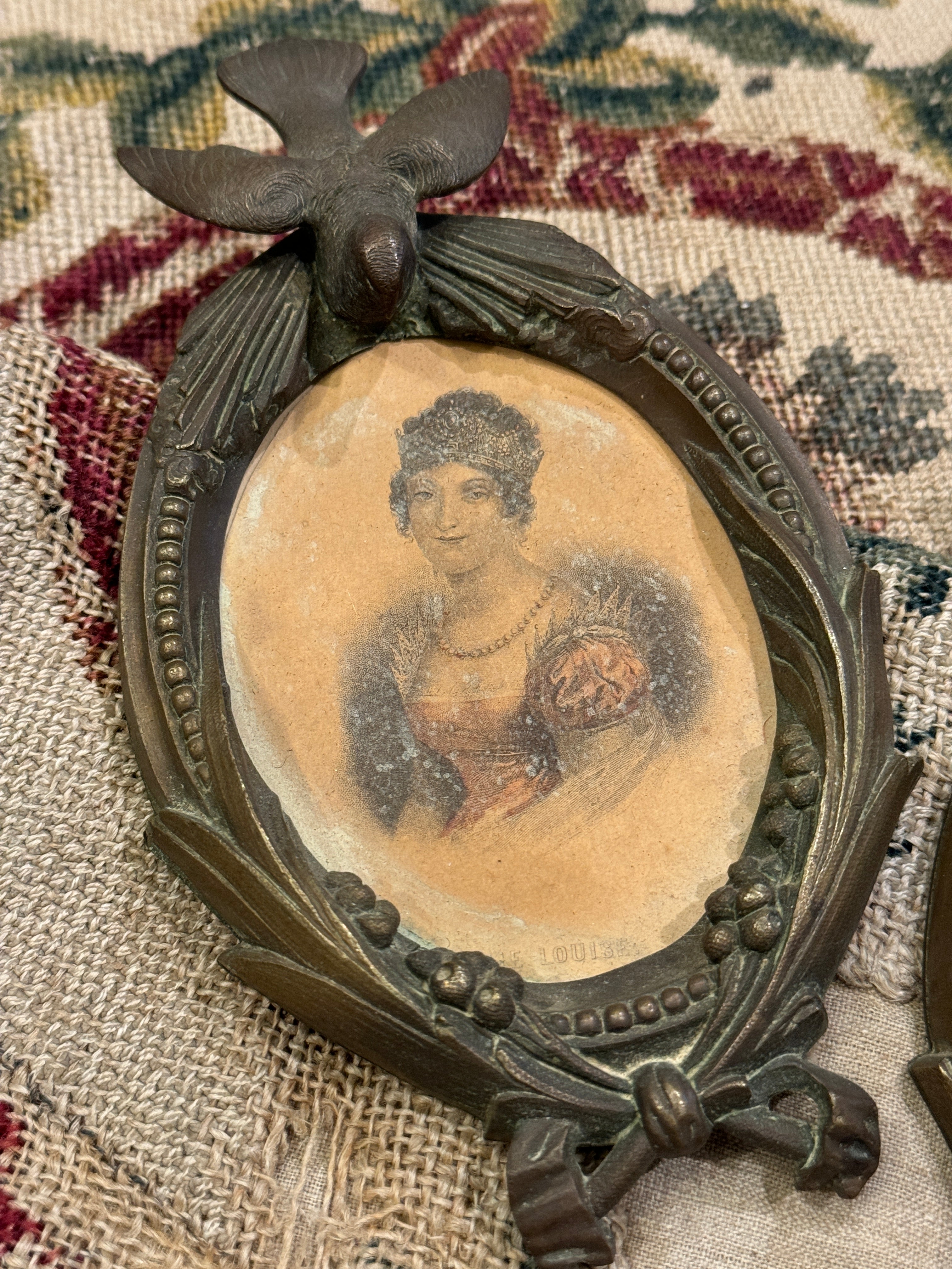 Antique French Bronze Napoleon and Marie Louis Tinted Engravings