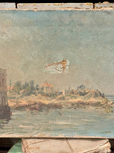 1800's Antique French Mended Seascape on Canvas