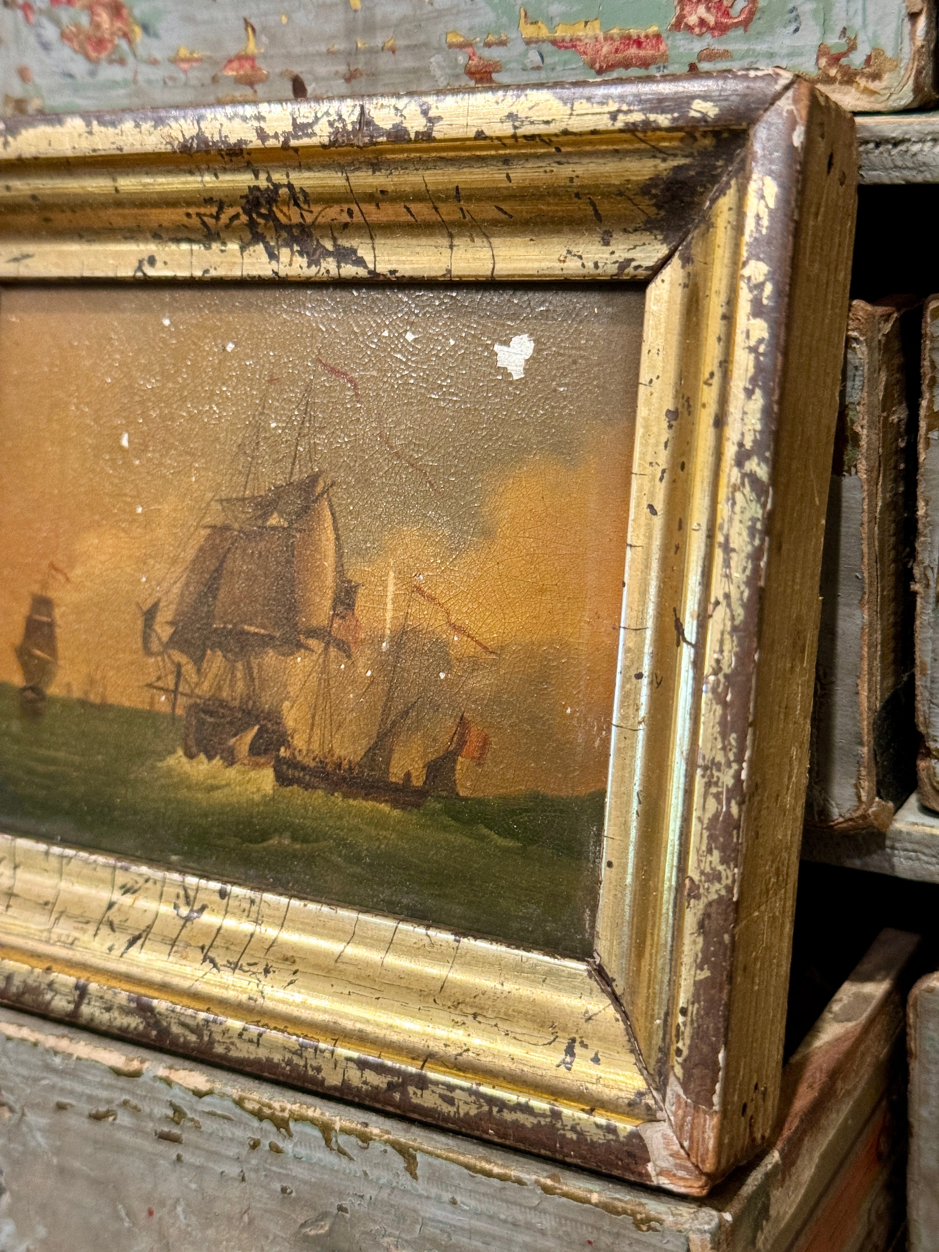 1800s Miniature Nautical Painting in Gilt Frame