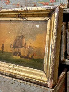 1800s Miniature Nautical Painting in Gilt Frame