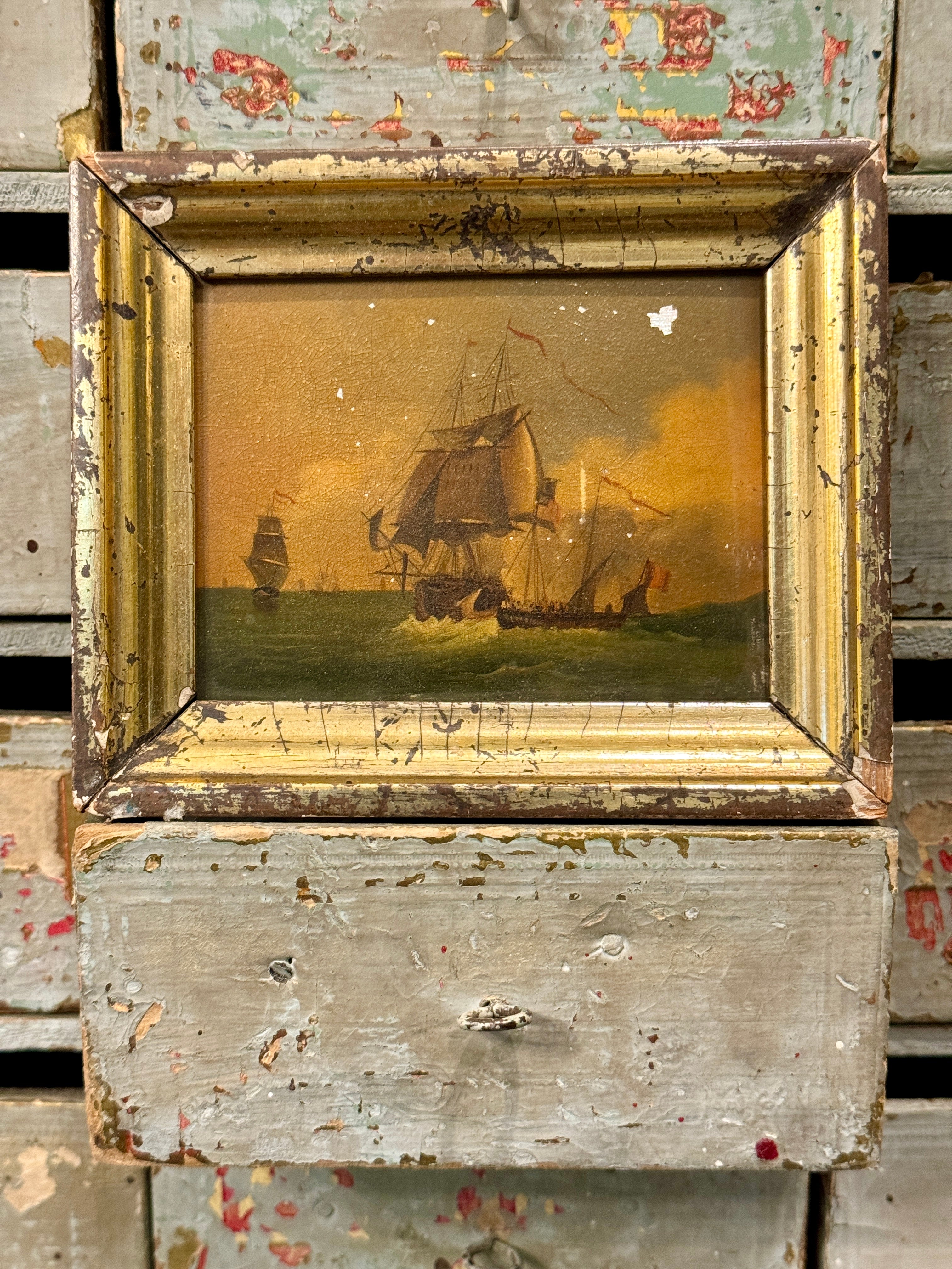 1800s Miniature Nautical Painting in Gilt Frame