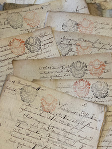 STUNNING 1700's Double Red and Black Stamped Antique French Script Document Pages