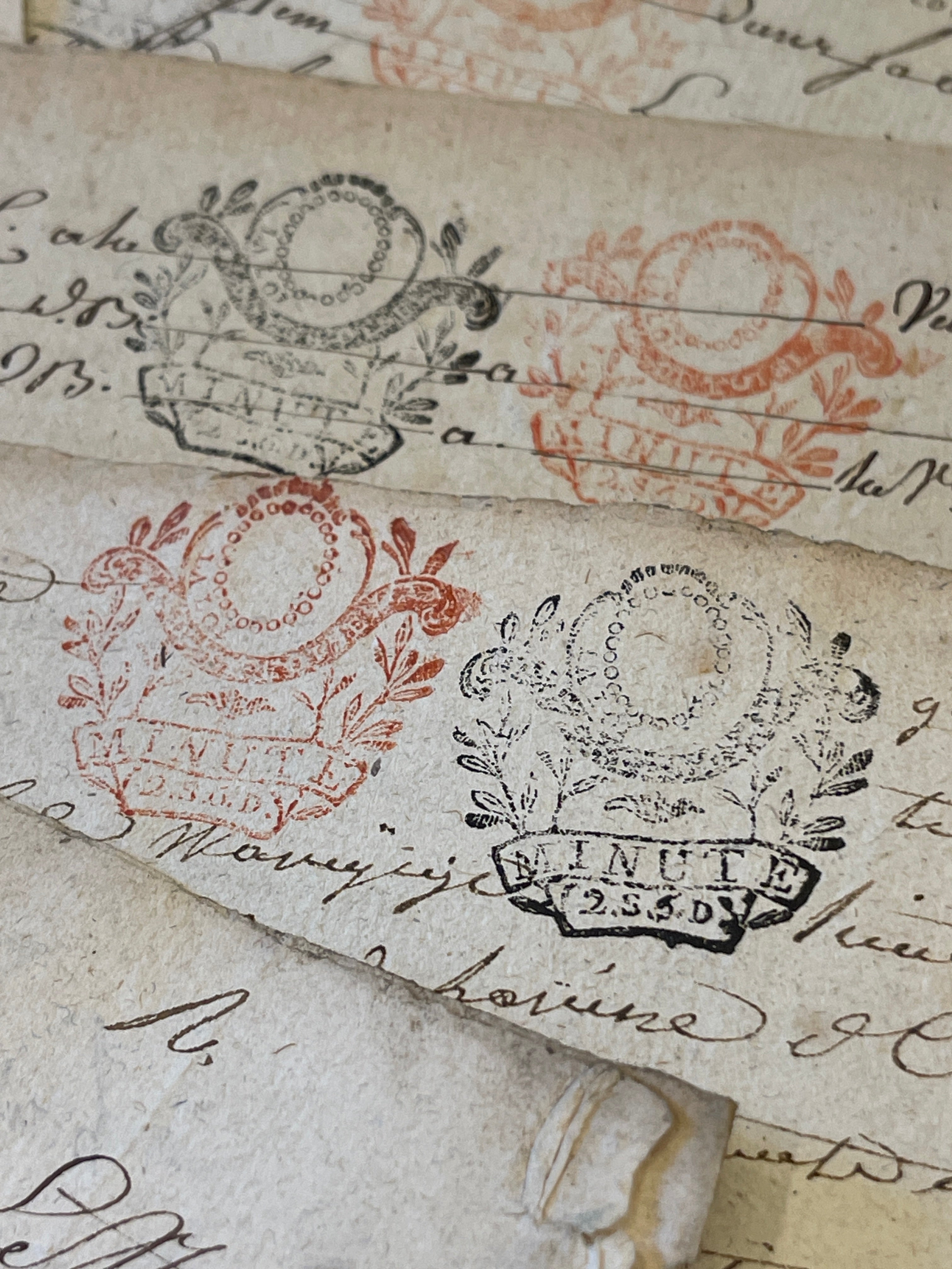 STUNNING 1700's Double Red and Black Stamped Antique French Script Document Pages