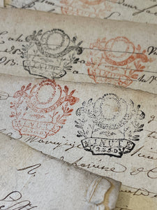 STUNNING 1700's Double Red and Black Stamped Antique French Script Document Pages