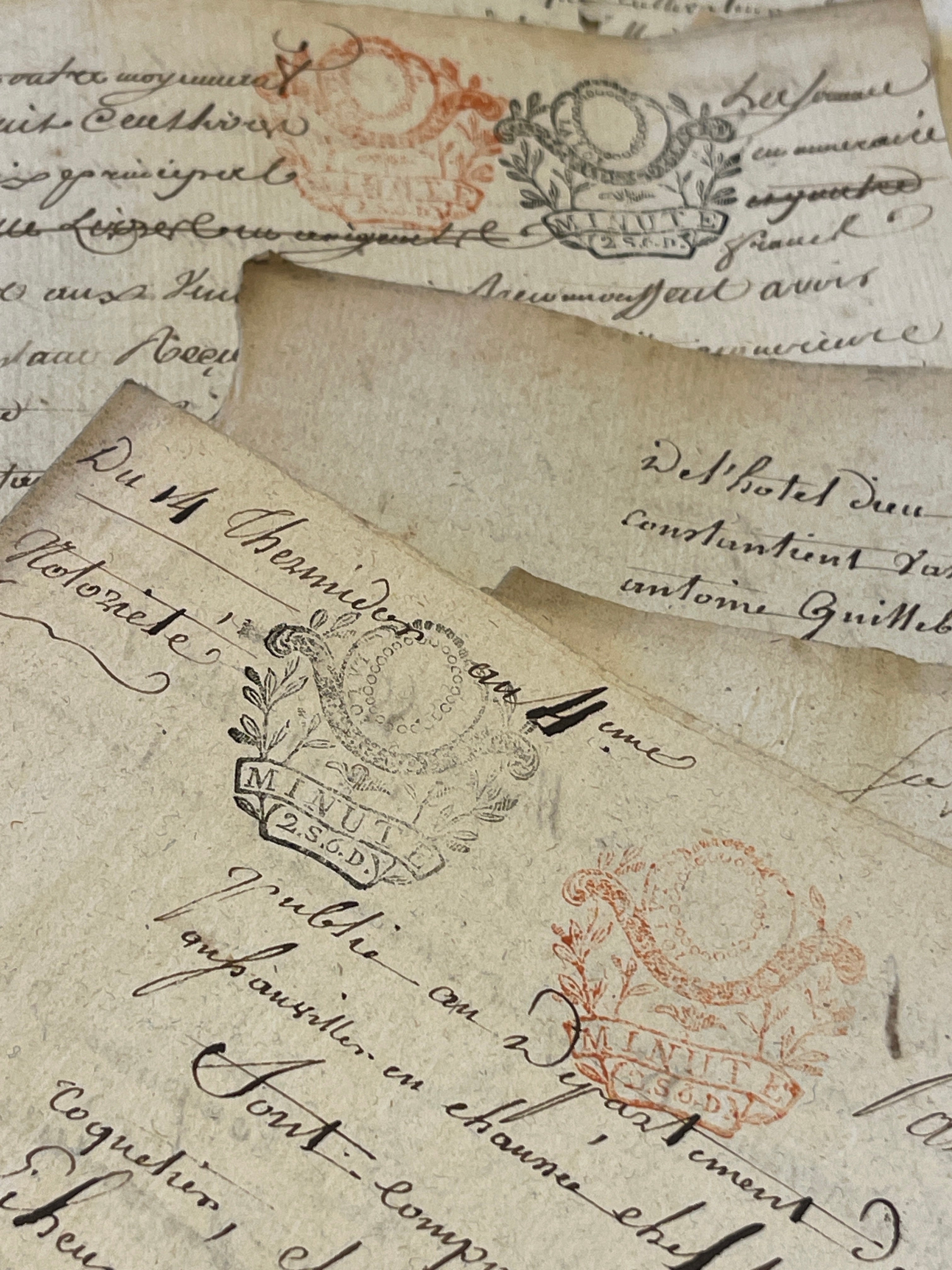 STUNNING 1700's Double Red and Black Stamped Antique French Script Document Pages
