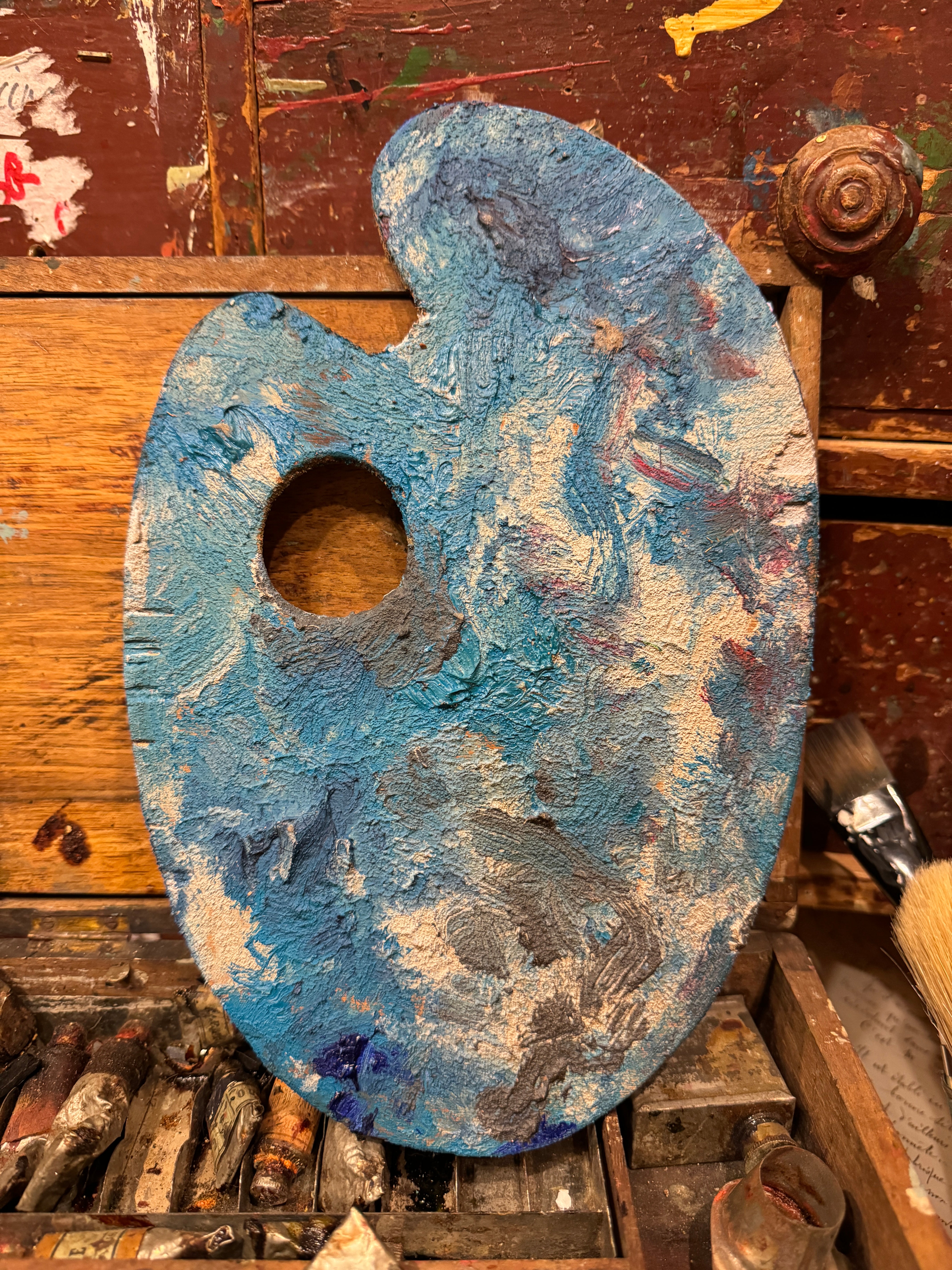 Vintage French Artists Wood Palette with Oil Paint