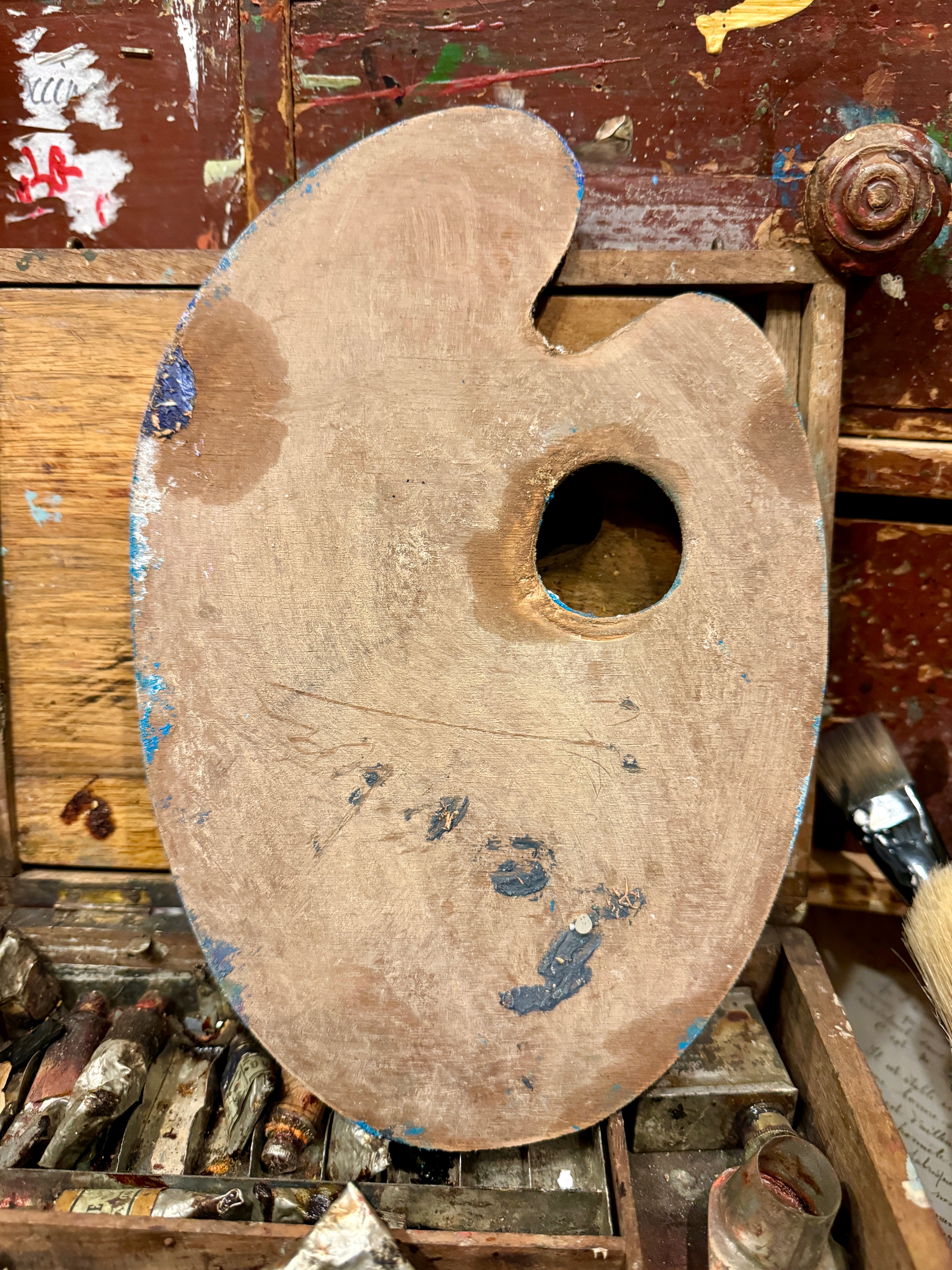 Vintage French Artists Wood Palette with Oil Paint